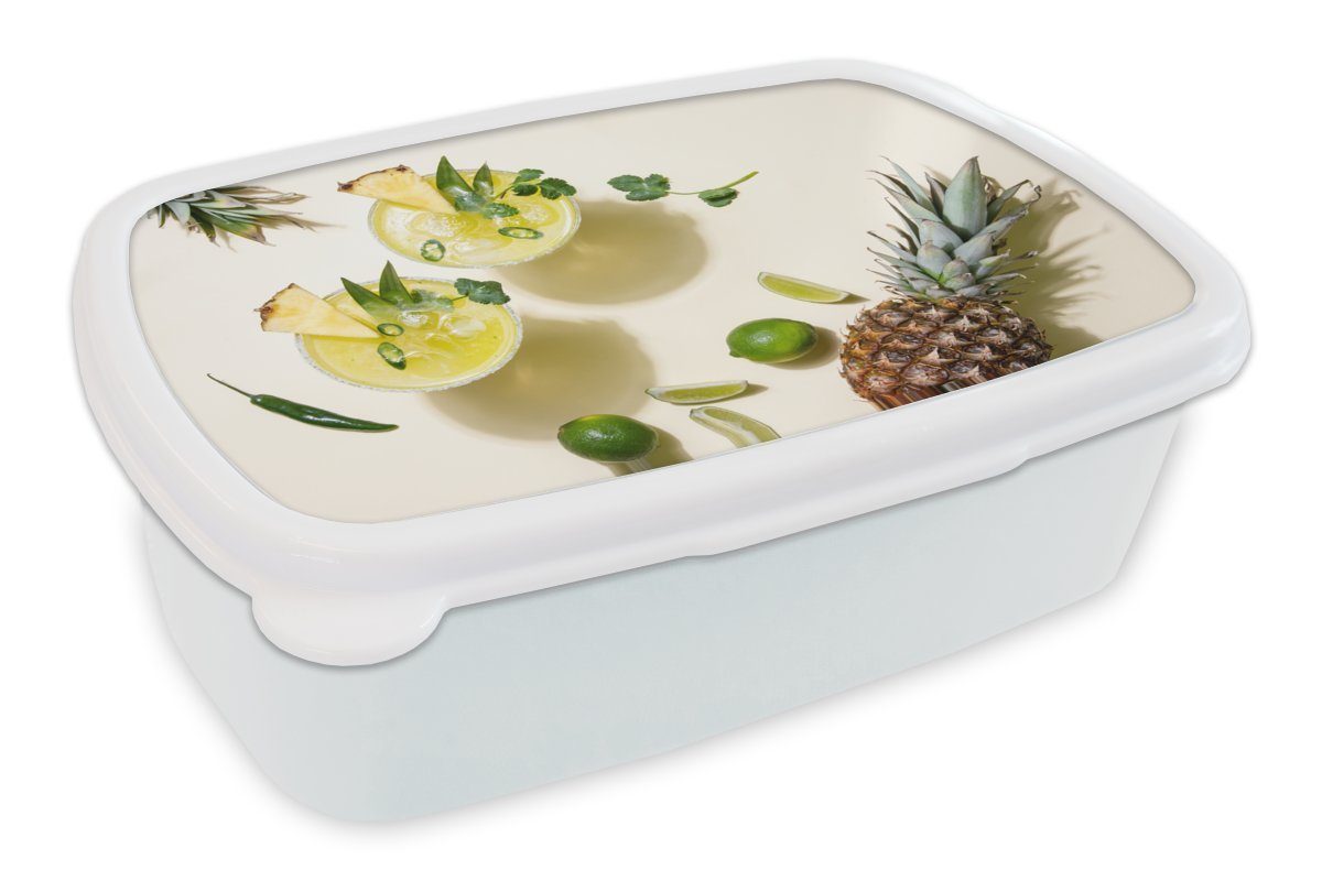 MuchoWow Lunchbox Getränk - Ananas - Sommer, Kunststoff, (2-tlg), Brotbox für Kinder und Erwachsene, Brotdose, für Jungs und Mädchen weiß