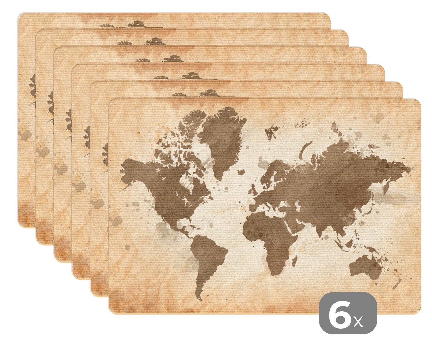 MuchoWow Platzset Weltkarte - Beige - Braun, (6-St), Platzsets, Tischset, Abwaschbar, Tischsets, Platzdeckchen