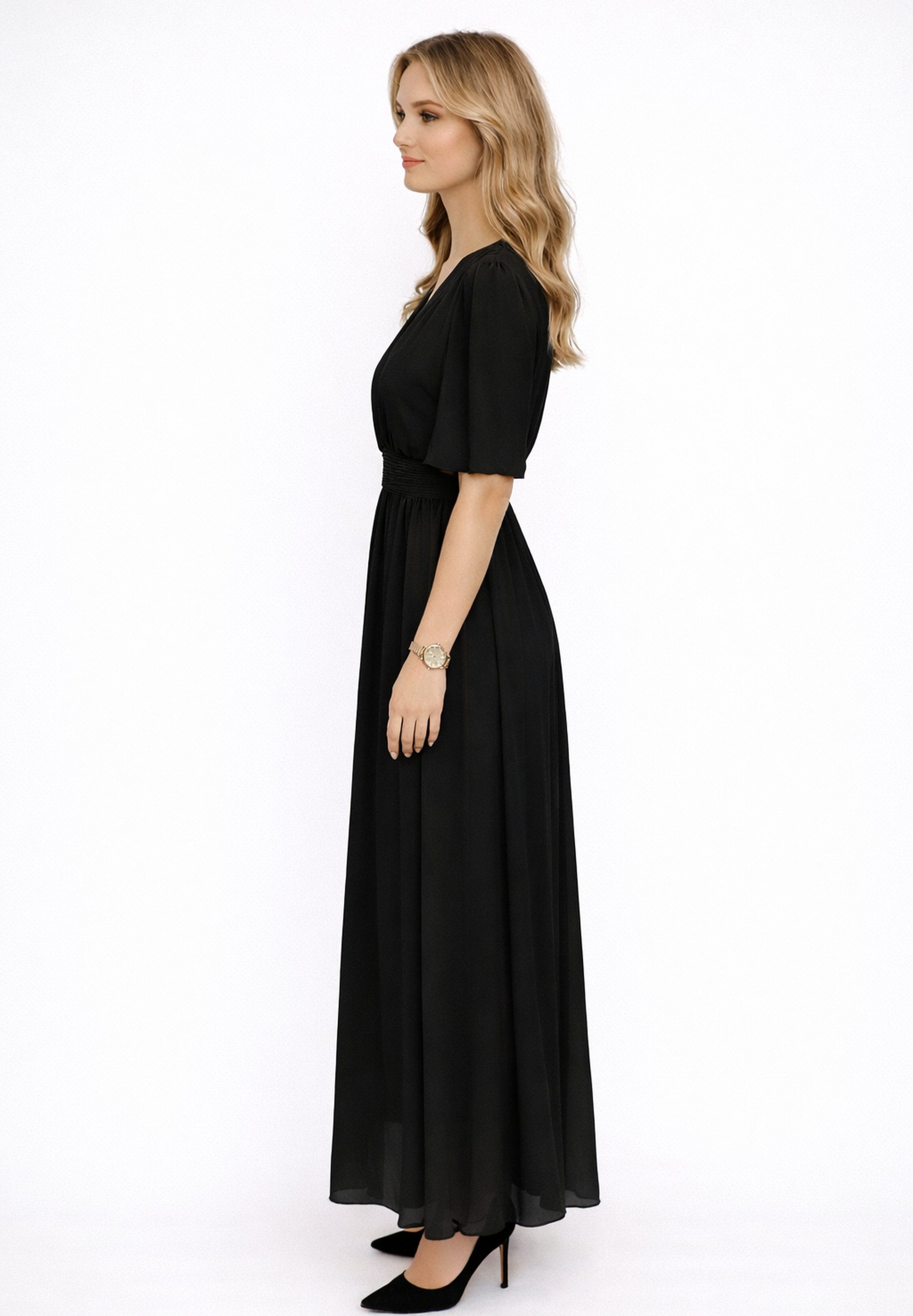 Elara Maxikleid Damen Maxikleid mit V-Ausschnitt, Flügelärmeln und gesmokter Taille (1-tlg)