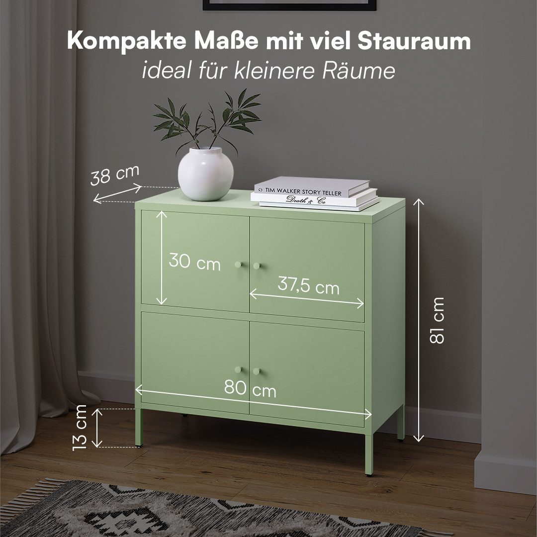 skølm Kommode Atriona aus Metall (Mintgrün, 2 Fächer & 4 Türen), Metallschrank 81 x 80 x 38 cm, auch verfügbar mit 3 Fächern