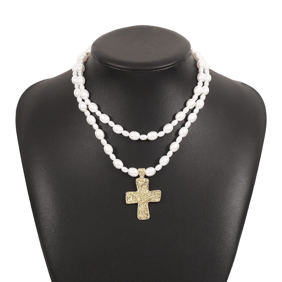 KARMA Perlenketten-Set Halskette Damen Perlenkette Kette Kreuz Anhänger Weiß Gold 2-teilig (Perlenschmuck, 2-tlg., Kreuzkette Geschenk für Frauen Damenschmuck), – Bild 4 von 5