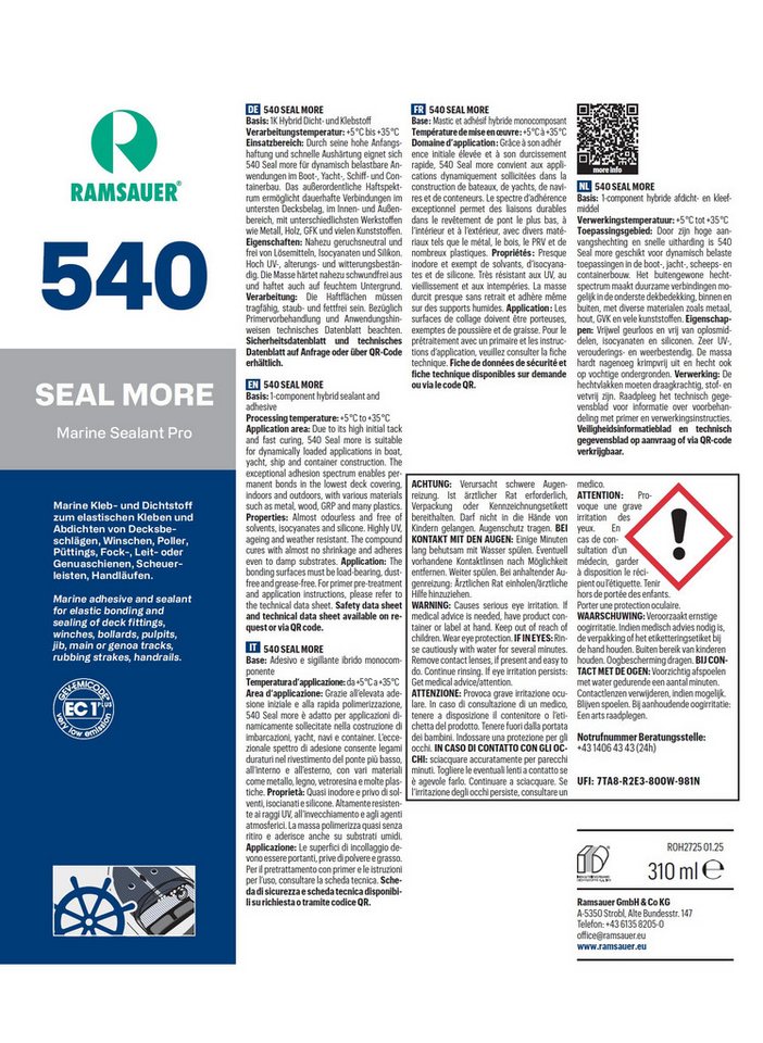 Thumbnail - Ramsauer Klebstoff Ramsauer Marine 540 Seal more 1K Hybrid Boot Klebstoff 490g Kartusche, Siliconfrei, Isocyanatenfrei, ...