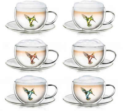 Creano Teeglas Creano 6er-Set Thermo-Tassen "Hummi" für Tee/Latte Macchiato, doppelwa, Borosilikatglas, 6 Tassen mit Untertassen