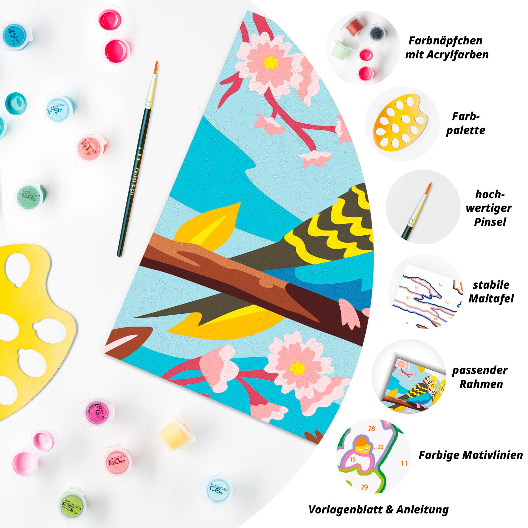 Ravensburger Malen nach Zahlen CreArt, Bunte Wellensittiche, Made in Europe
