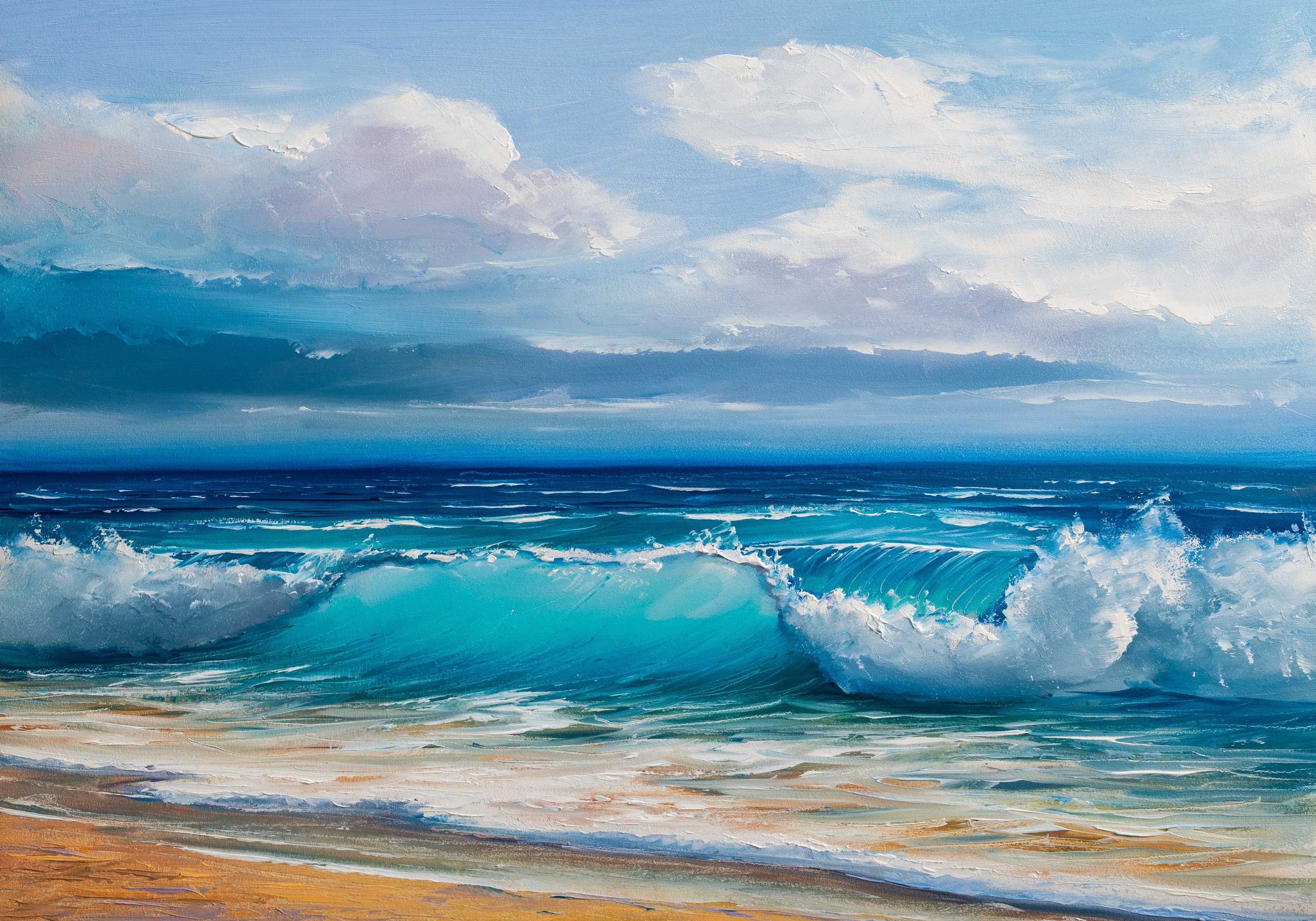 wandmotiv24 Fototapete Gemälde mit Wellen und Strand, glatt, Wandtapete, Motivtapete, matt, Vliestapete