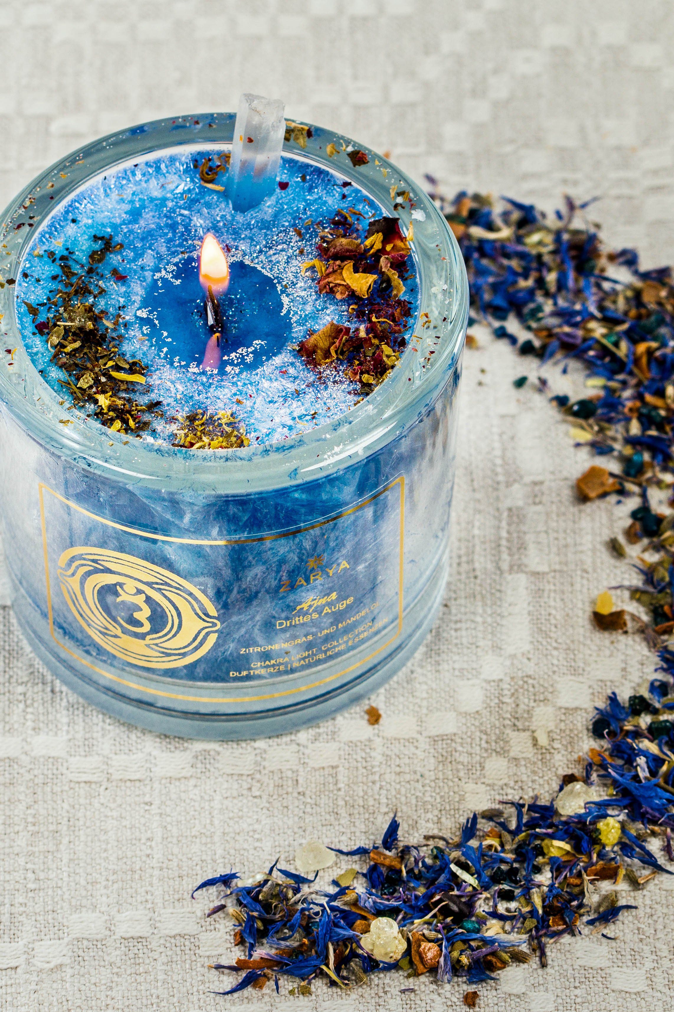 Blau chakrana Geschenkverpackung Glasbehälter Duftkerze mit Chakra–Duftkerze edler Bio-Stearin, aus