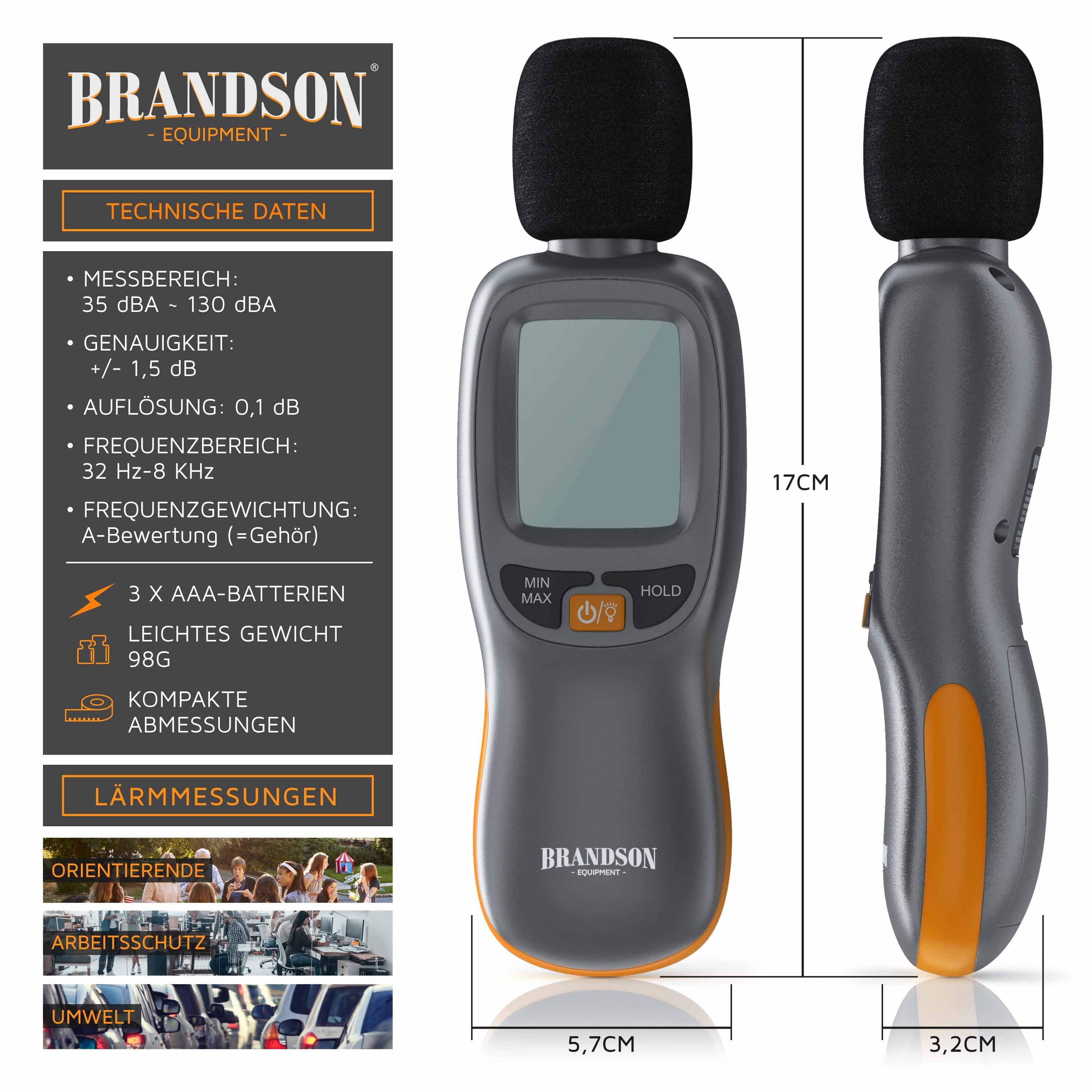 Brandson Elektrowerkzeug-Set digitales Schallpegelmessgerät 35 dB(A) bis 130 dB(A), LCD-Display, 1-tlg., für Lärmmessung in Büro, Werkstatt und Zuhause, mit Win – Bild 3 von 5