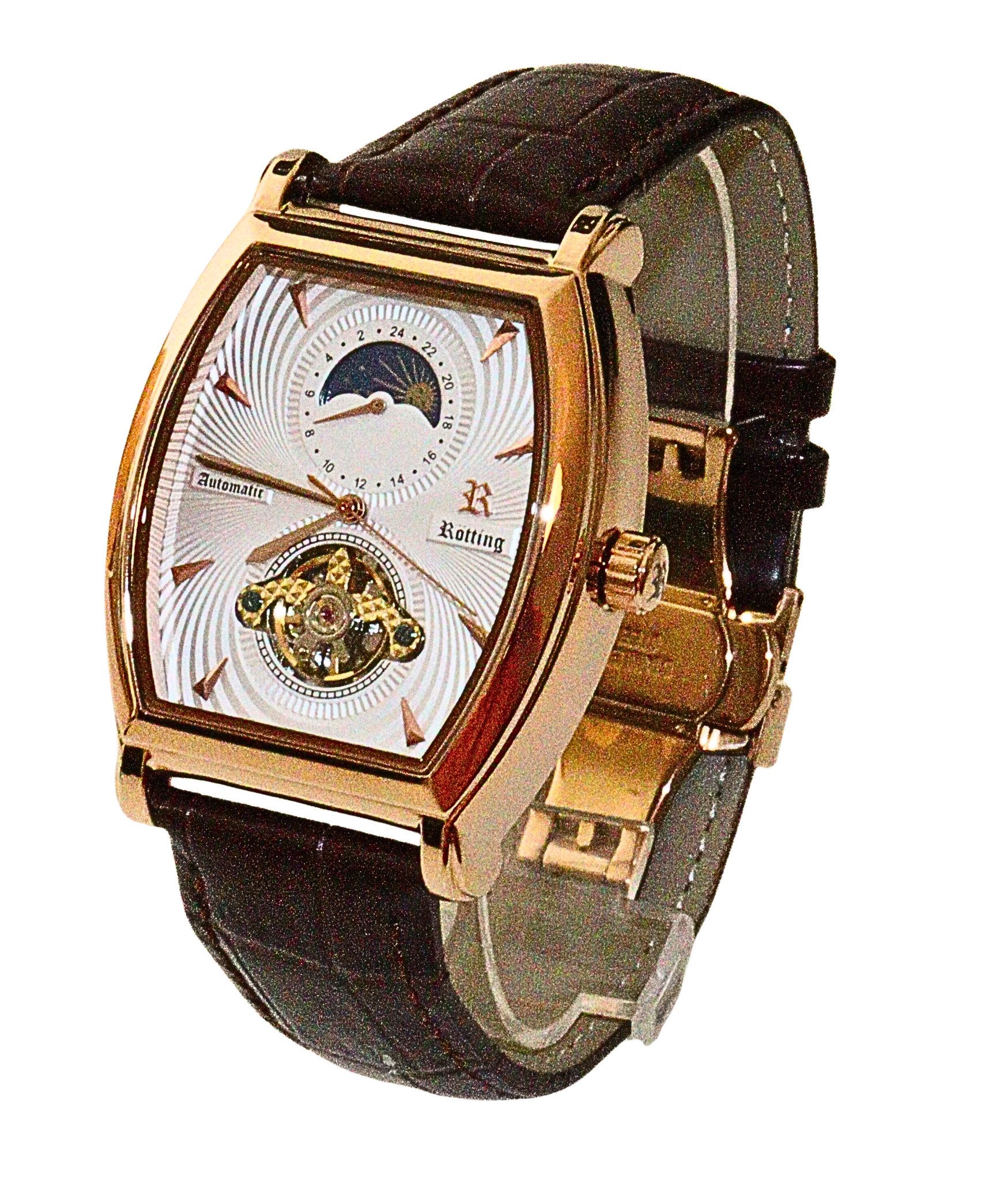 Rötting Design Automatikuhr Herren - offene Unruhe & Glasboden - Herrenuhr Automatik - Armbanduhr, Goldrosefarbenes Gehäuse - Lederarmband, mechanisch 24h Anzeige