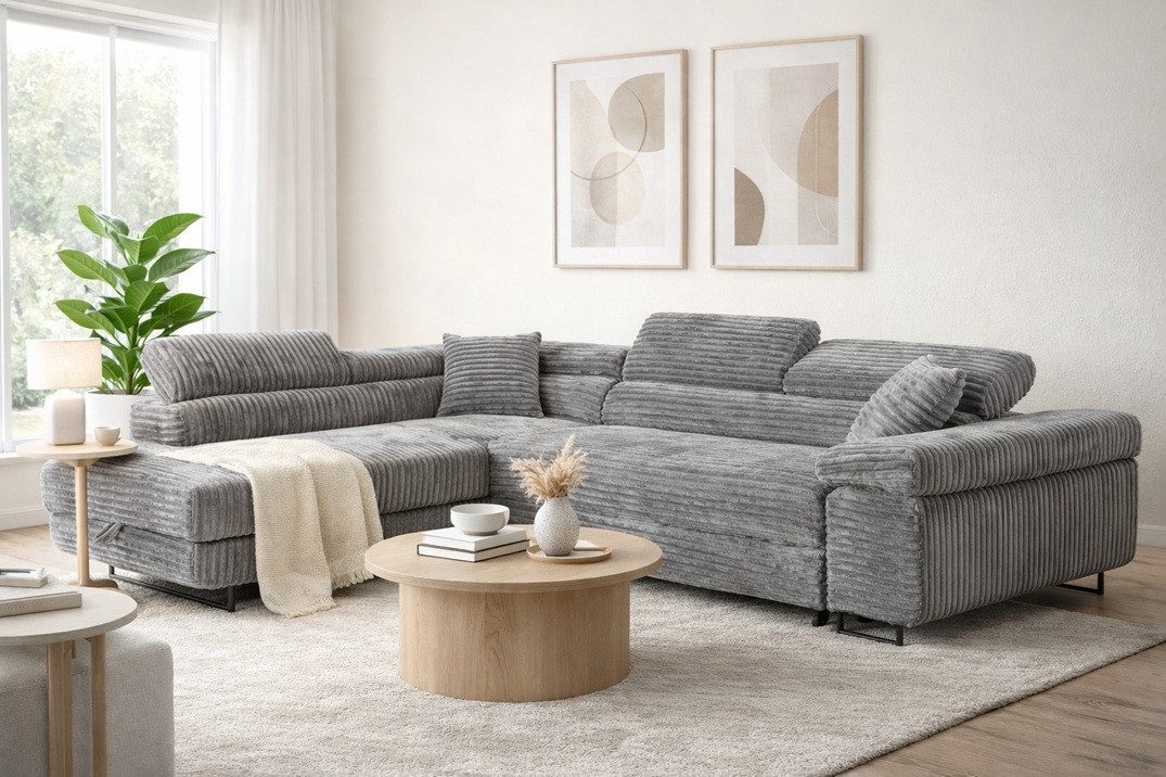 Labett Ecksofa mit Schlaffunktion & Bettkasten Links/Rechts Sofa L-Form GUSTAVO, Kopfstützen, Cordstoff, Schlafsofa