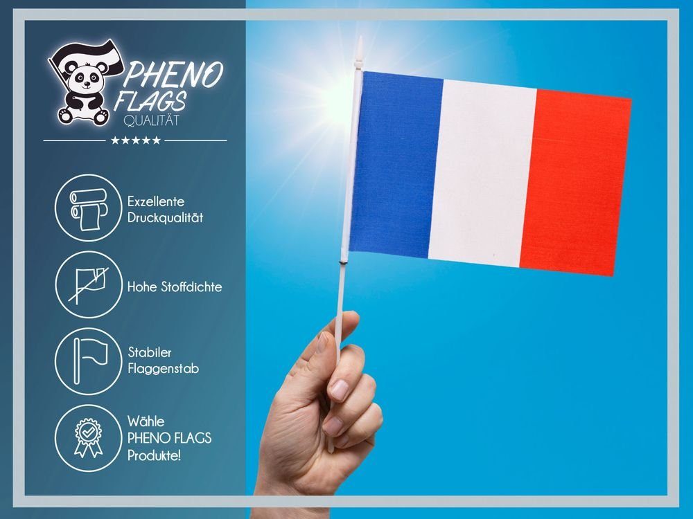 PHENO FLAGS Flagge Handflagge Stab Stockfahne Deko), Handfahne zur Frankreich Fähnchen mit (10er Flaggen Set