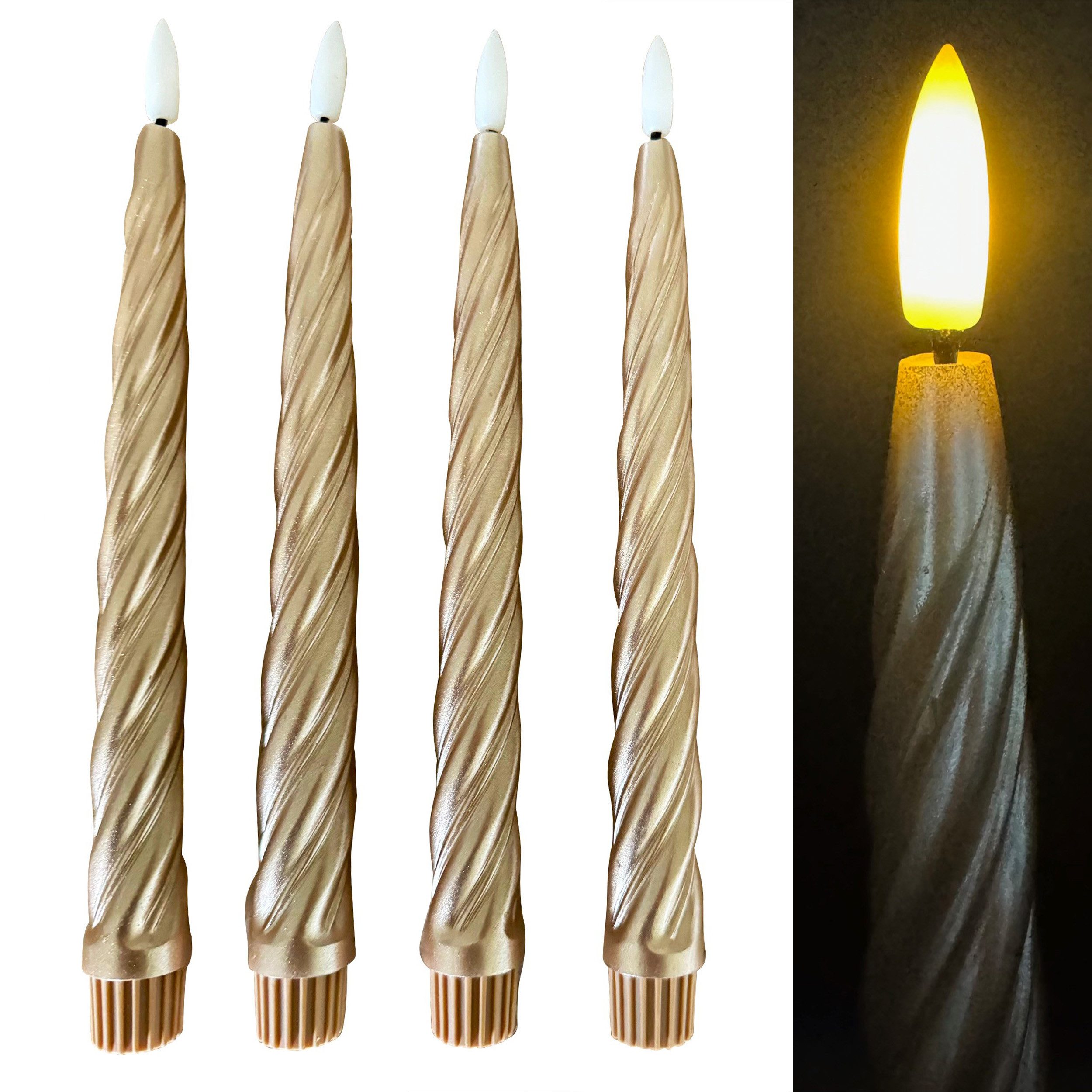 Online-Fuchs LED-Kerze 4 moderne LED Stabkerzen im Set aus Echtwachs mit Timer (Creme, Hellblau, Grün, Koralle, Pflaume, Grau, 473451), modernes Rillen-Design - Touch-Funktion zum An- und Ausschalten