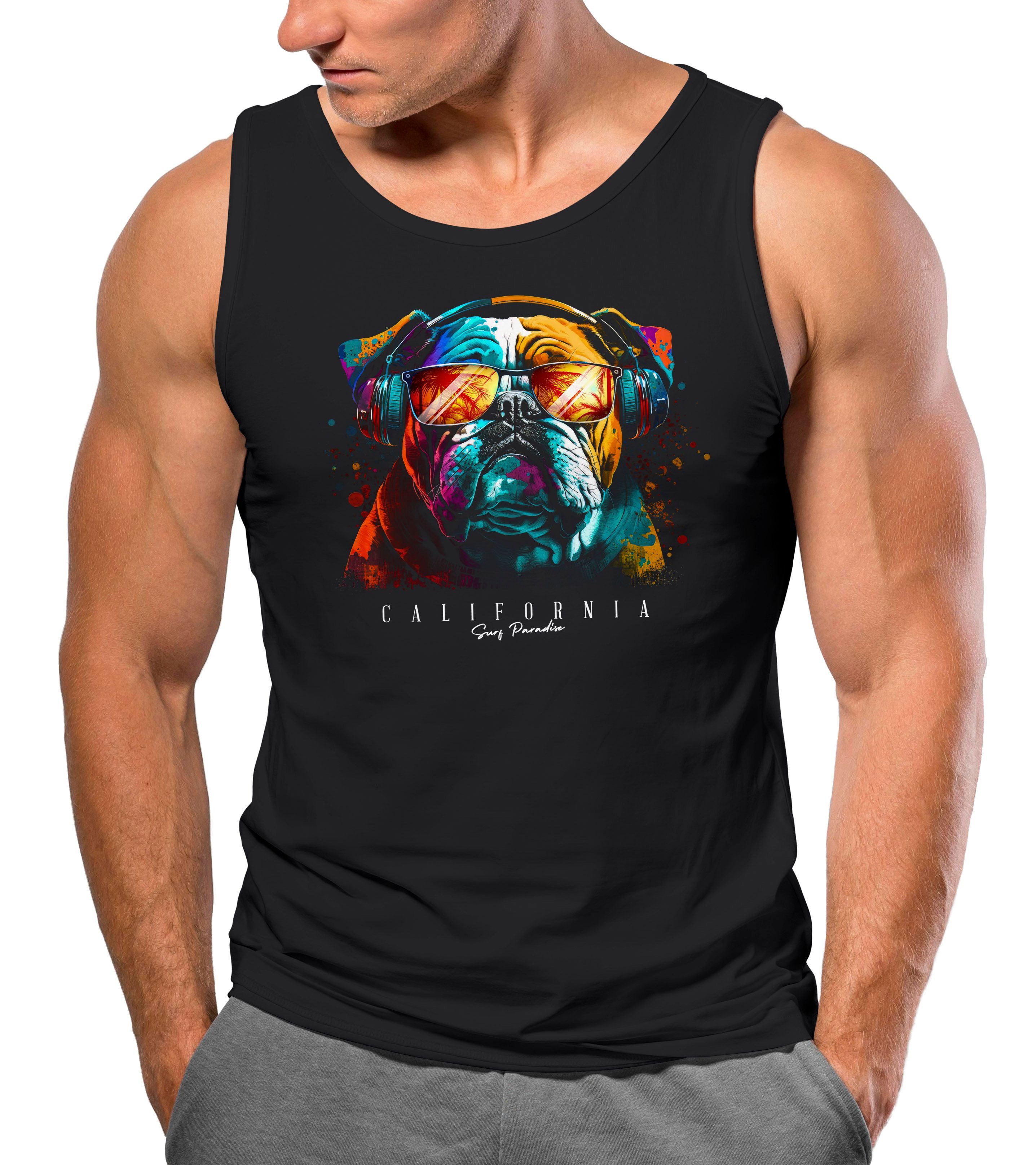 Neverless Tanktop Herren Tank-Top Print California Bulldog Musik Kunst Motiv DJ mit Print