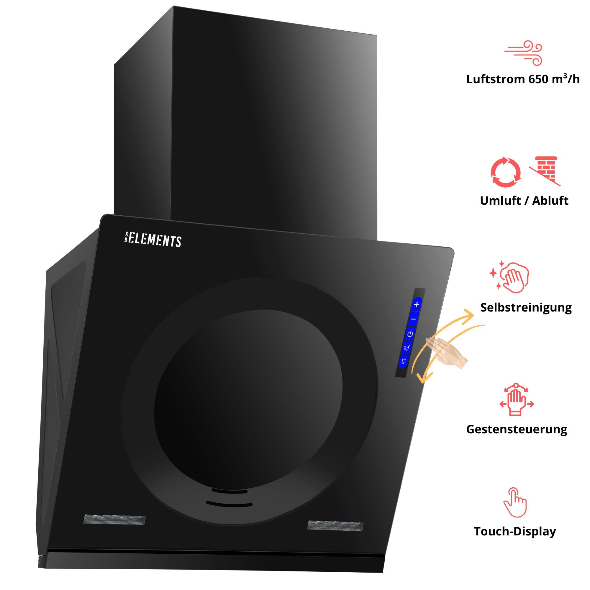 KB Elements Wandhaube Glas Design, Selbstreinigungsfunktion Glas Design, Selbstreinigungsfunktion, Automatische Wärmereinigung, Multifunktionales Display