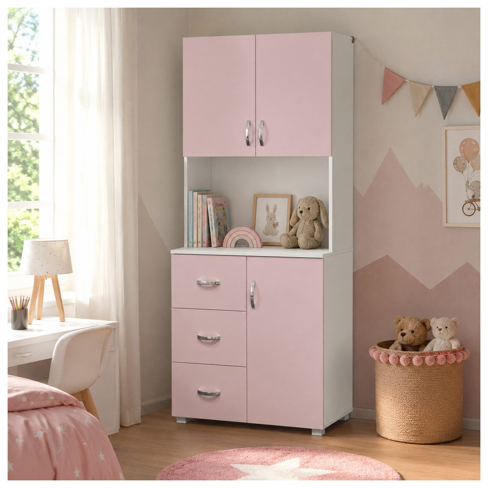 HTI-Living Kinderkleiderschrank Kinderzimmerschrank Rosa Weiß (1 Stück, 1-St., 1 Schrank) Kleiderschrank Bücherregal 6 Regalfächer 3 Schubladen