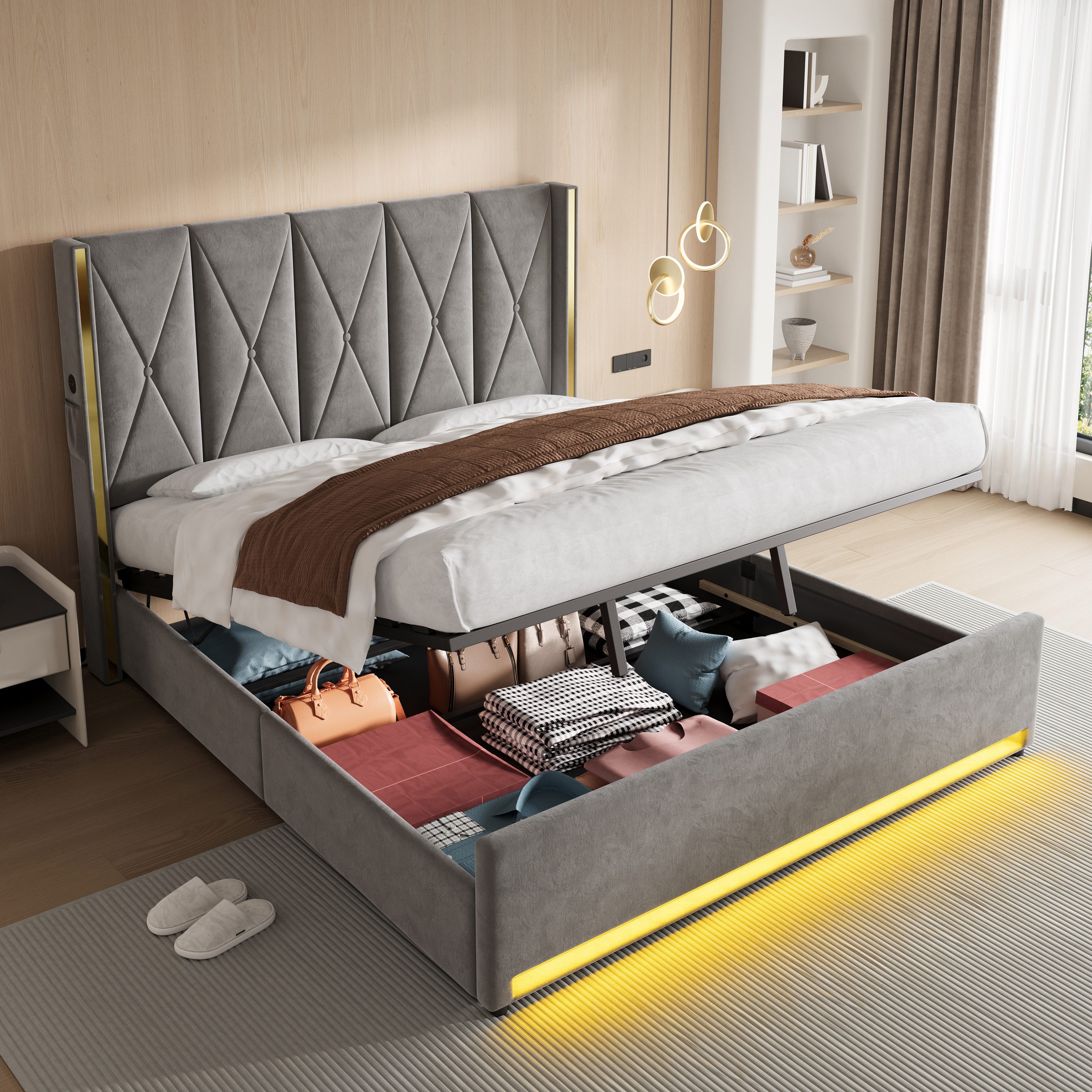 TavilaEcon Boxspringbett Veloursbett mit hohem Kopfteil, Seitentaschen & USB (1-St), mit hydraulischem Hebelsystem & großem Unterbett-Stauraum, grau/beige – Bild 3 von 5