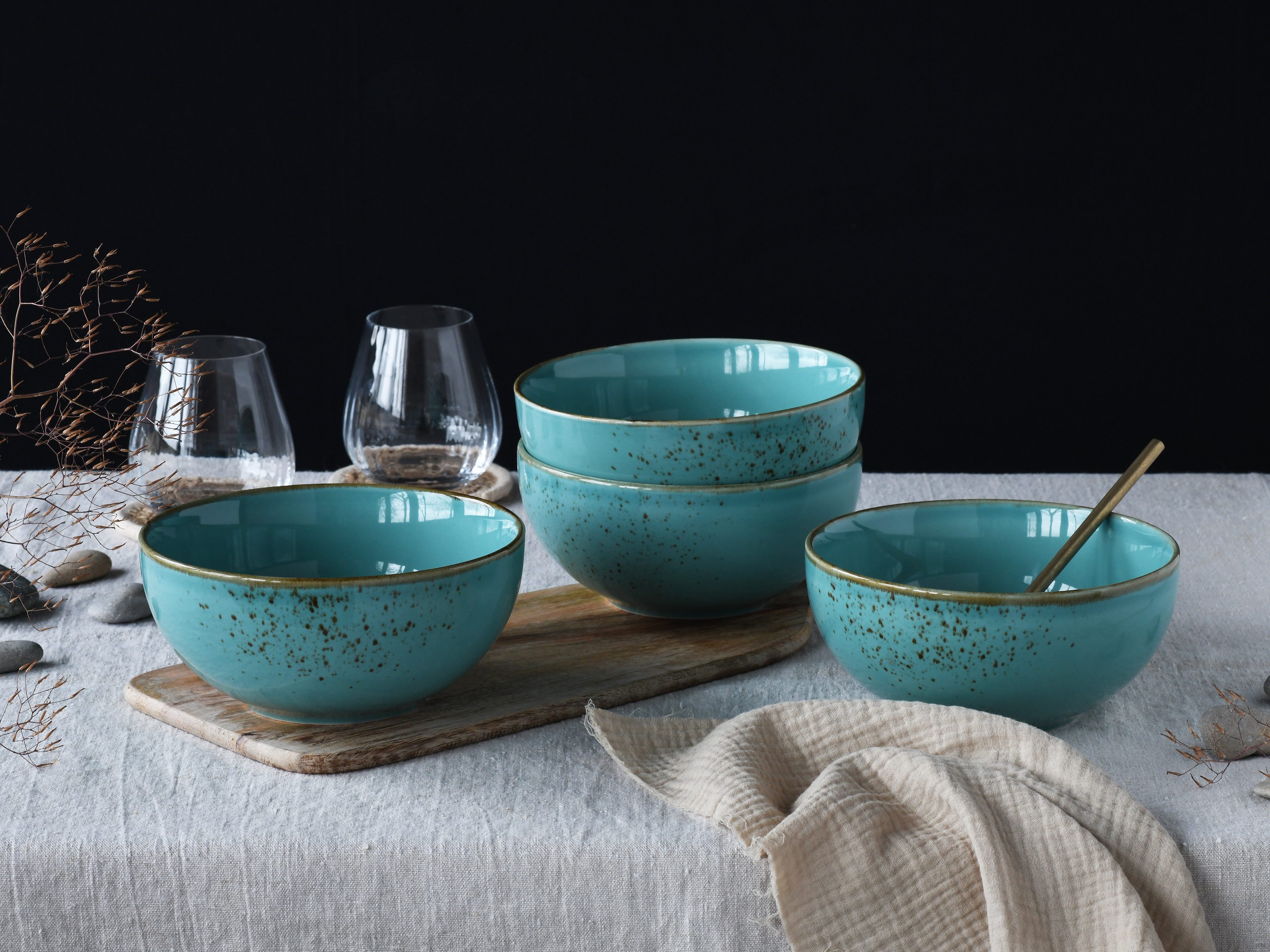 CreaTable Schale Nature Collection, Buddha Bowl 4-tlg, Steinzeug, (Set, 4-tlg), Handwerklicher Look, Vintage, Höhe 7,5 cm
