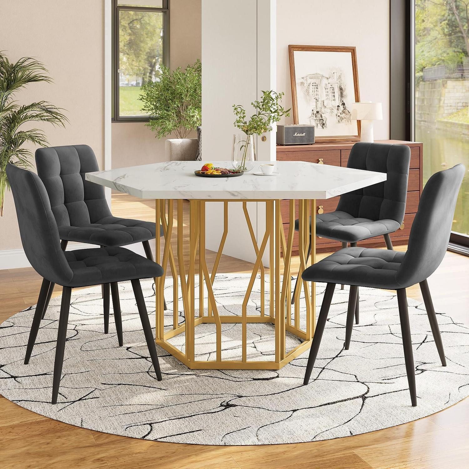 LuxusKollektion Esstisch Esstisch 5teilig sechseckig 4 Stühle Küche Esszimmer Grau + Gold (1-St)