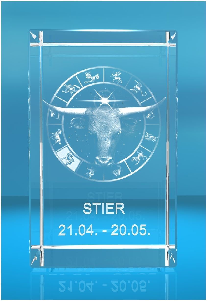 VIP-LASER Dekofigur 3D Glasquader Motiv: Sternzeichen Stier, Hochwertige Geschenkbox, Made in Germany, Familienbetrieb