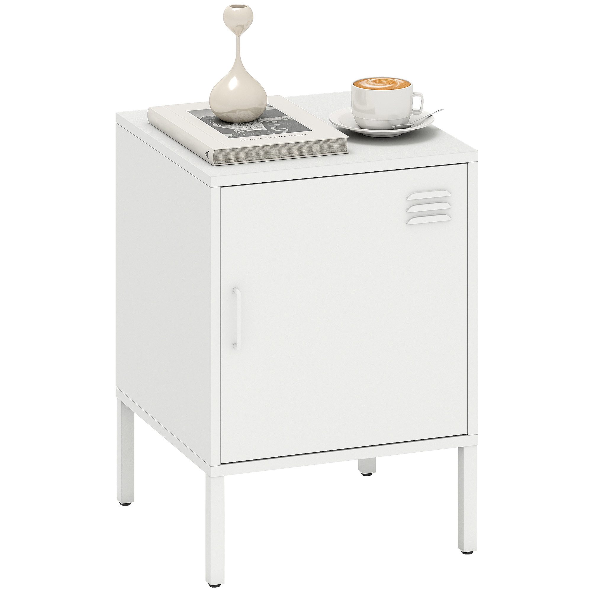 HOMCOM Nachttisch Stahl, verstellbarer Ablage, magnetischem Türverschluss, Stahlrahmen (Beistelltisch, 1-St., Nachtschrank), für Schlafzimmer, Wohnzimmer, Weiß, 40 x 40 x 56 cm