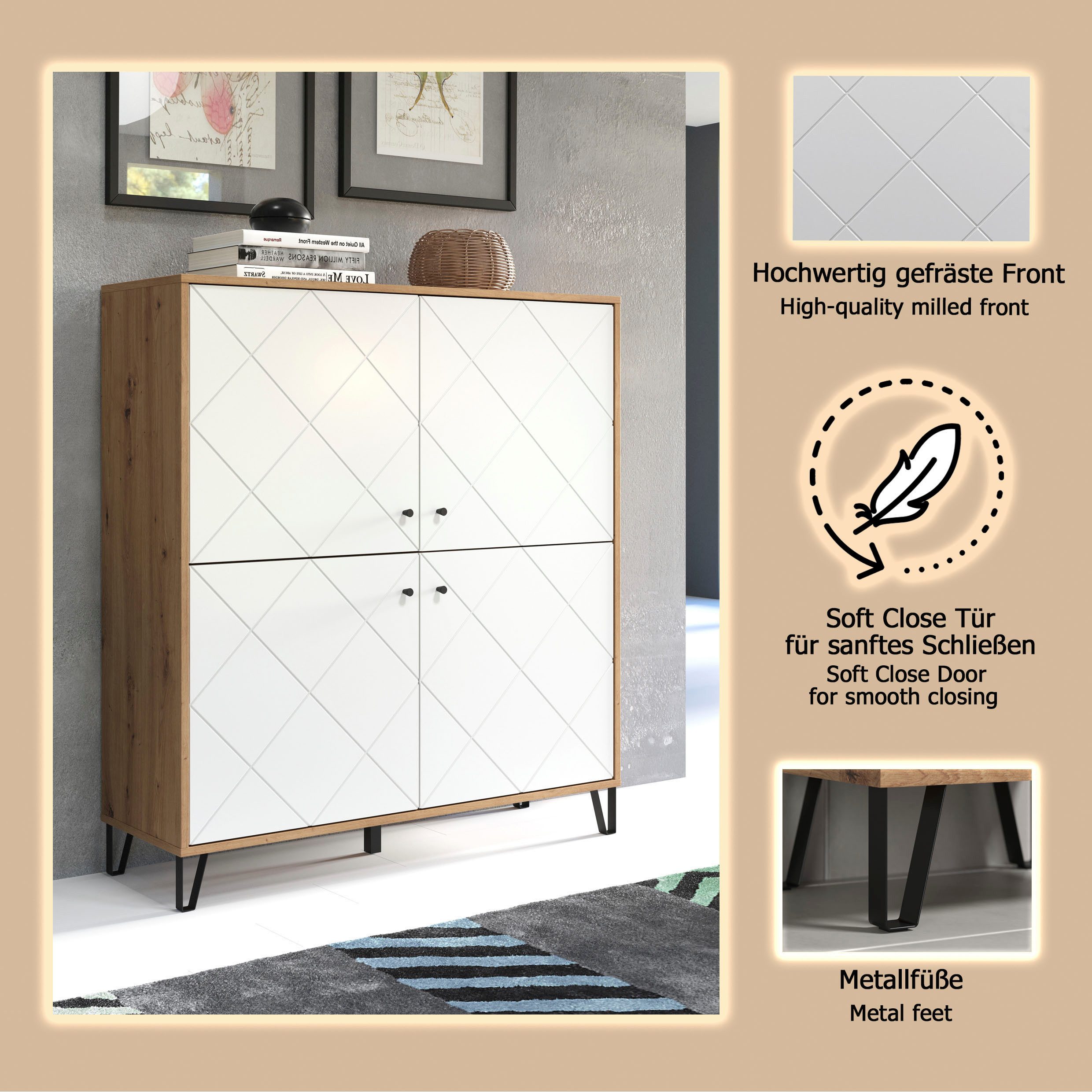 Home affaire Highboard Tarragona, Highboard mit 4 Türen & Soft-Close - (B/T/H) 123/40/136 cm