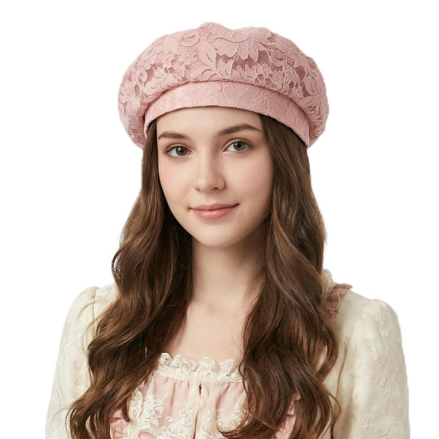 LuxusKollektion Baskenmütze Baskenmütze Damen Beret Spitze atmungsaktiv Einheitsgröße Rosa