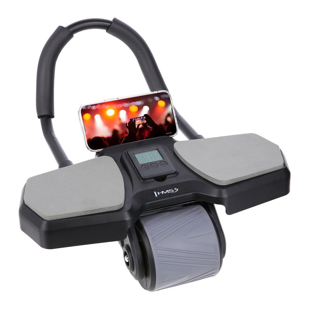 HMS Bauchtrainer Bauchroller Bauchmuskeltrainer Trainingsrad (Spar-Set, 1-St., 45 x 41 x 25 cm stabil), Autom. Rücklauf, LCD-Timer, Handyhalter, Kniepolster