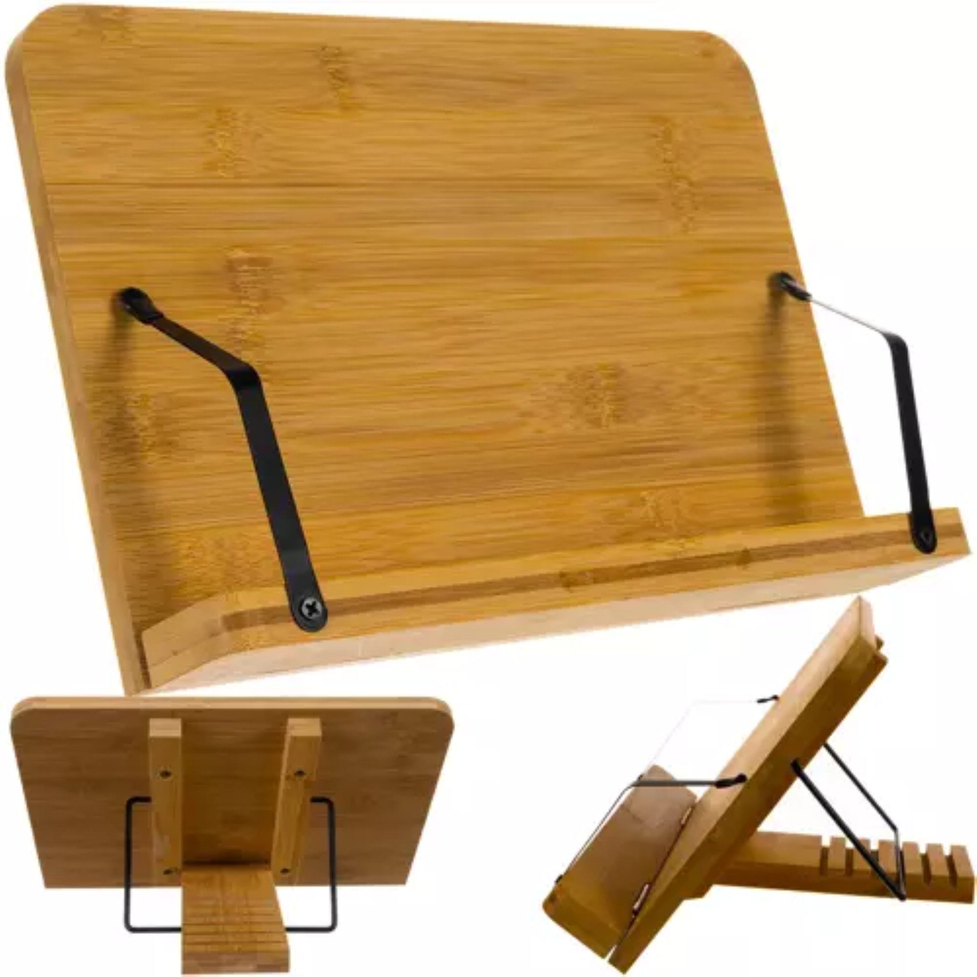 MALATEC Buchstütze Tablet-Laptop-Ständer: Flexibel verstellbarer Halter Buchständer (Bambus Buchständer-Set, 1x Bambus Buchständer), Bambusständer für Bücher und Geräte: Stabil, verstellbar, platzsparend