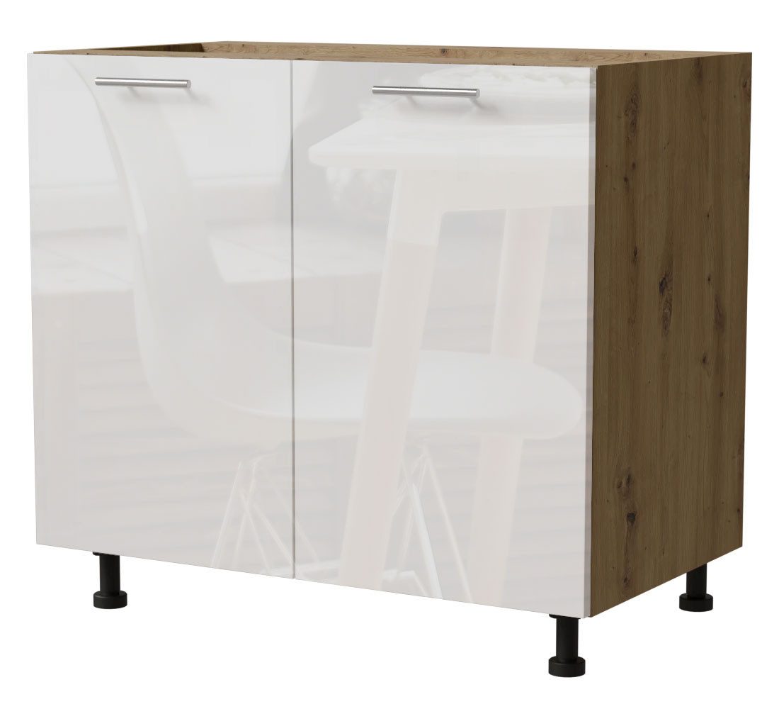 Feldmann-Wohnen Unterschrank Essen (D11/90, 2-türig, 1 Einlegeboden, 1-St., moderne Optik, Acrylfronten mit Glaseffekt) 90x50x82cm Weiß Hochglanz / Eiche Artisan Matt