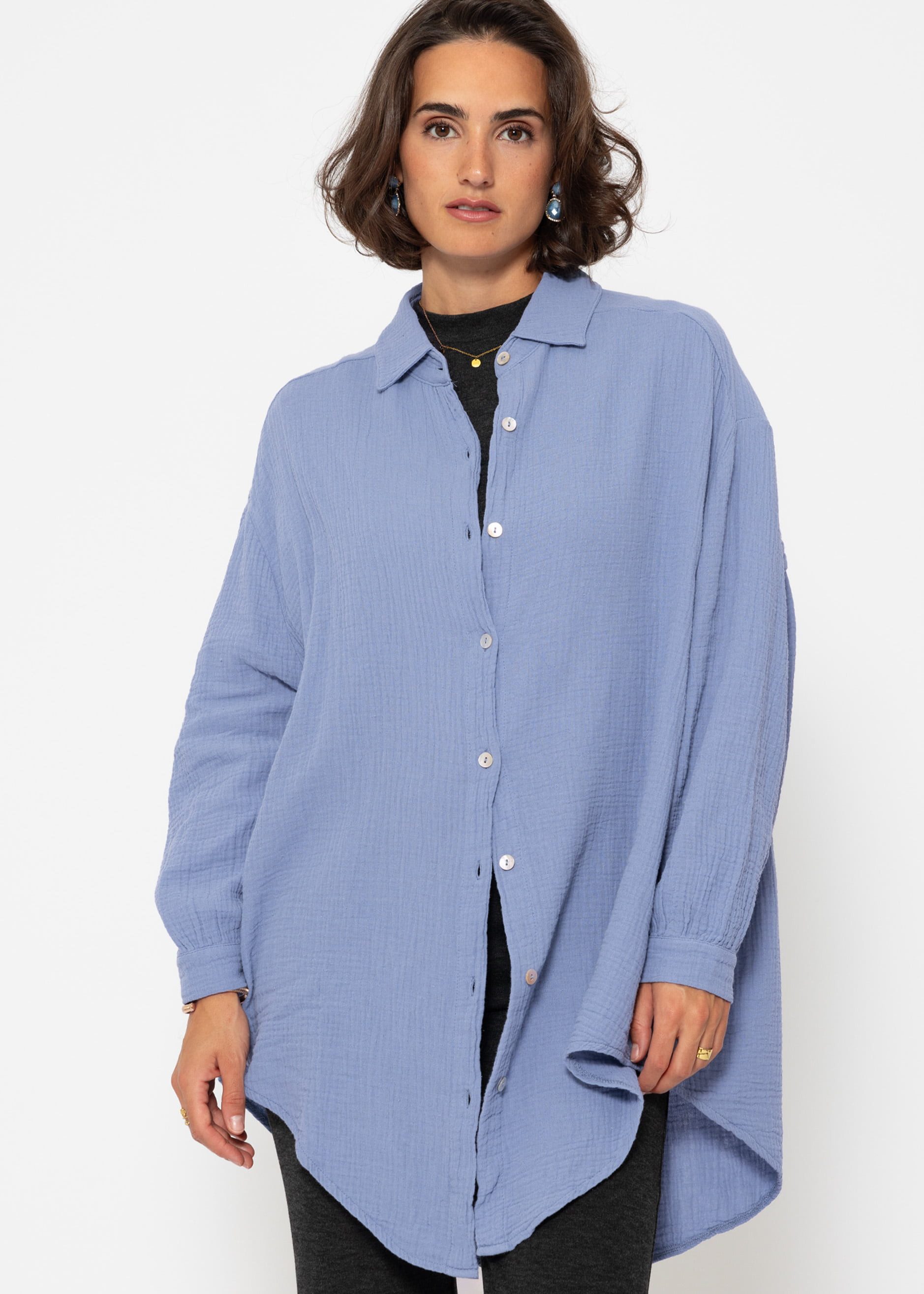 Longbluse Oversize Musselin Bluse Damen Langarm Elegant