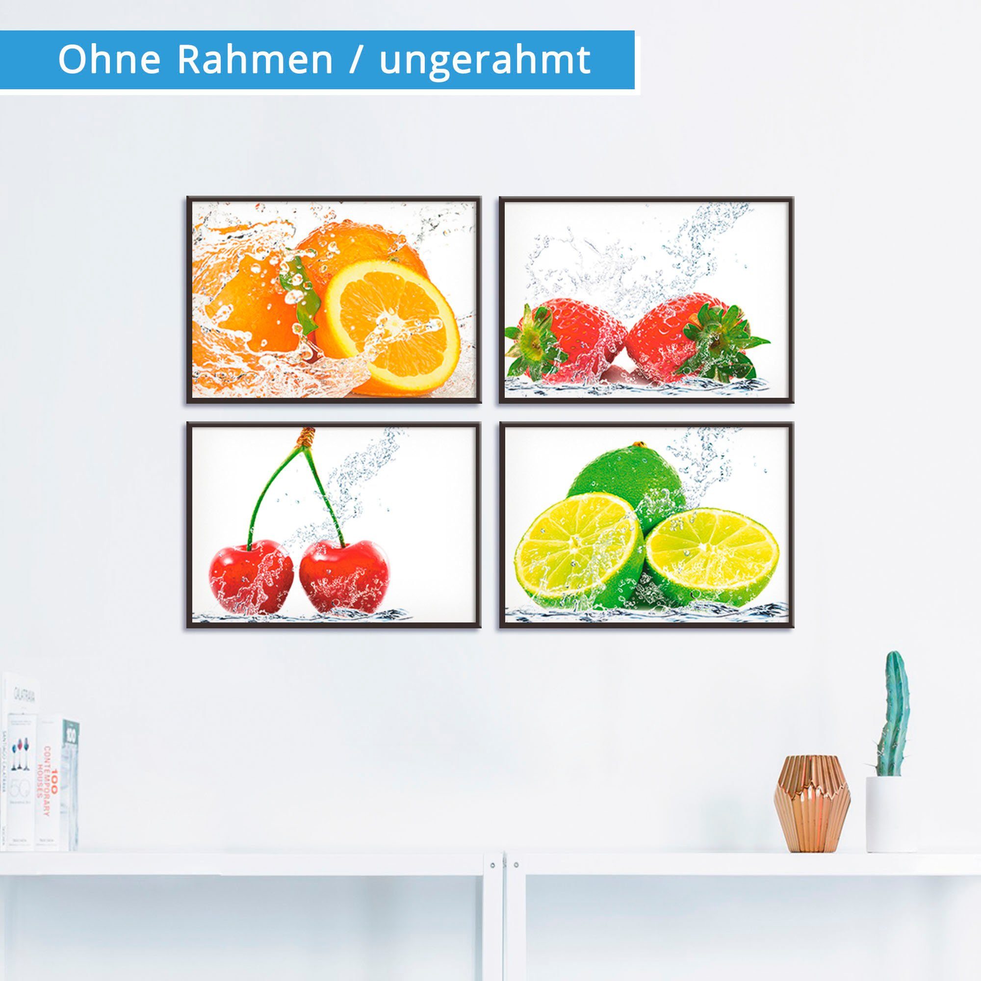 Artland Poster Früchte mit Spritzwasser, Wandposter Poster, St), (4 Bild, Lebensmittel Wandbild
