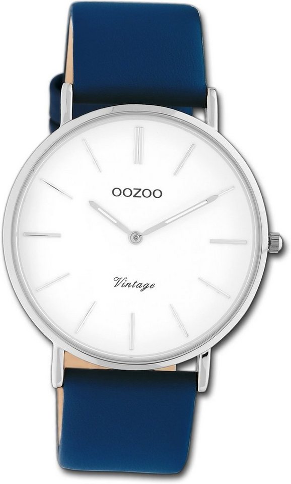 OOZOO Quarzuhr Oozoo Damen Armbanduhr Ultra Slim, Damenuhr Lederarmband  dunkelblau, rundes Gehäuse, groß (ca. 40mm)