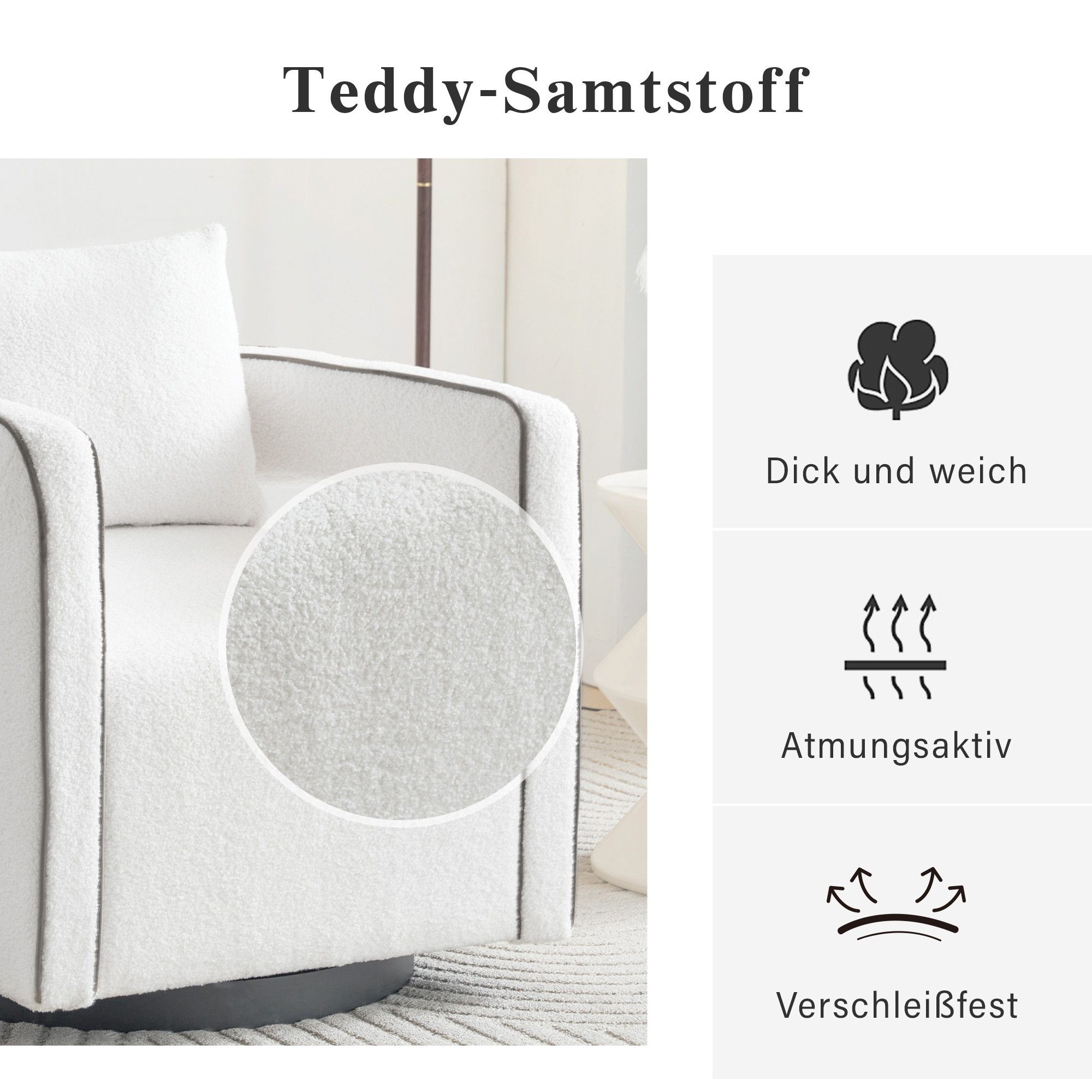 REDOM Drehsessel Polsterstuhl drehbarer und weiß+grau Loungesessel, Sessel), drehbarem Teddysamtsessel, Loungesessel Balkondrehsessel, Freizeitsessel Relaxsessel, 360° Einzelsofasessel Kissen (mit