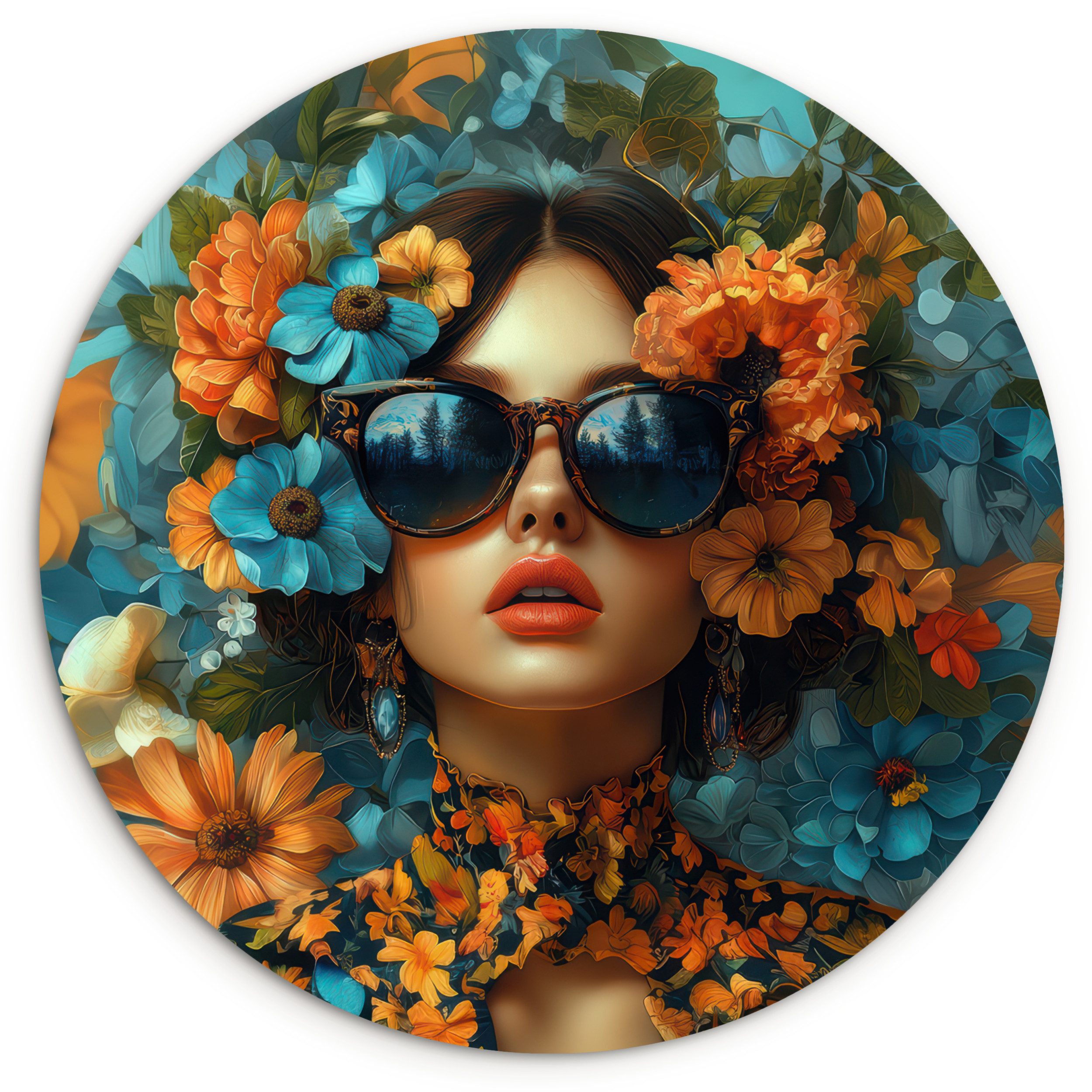 MuchoWow Gemälde Frau - Blumen - Orange - Blau - Modern, Fotodruck (1 St), Kreis Wanddekoration, Rundes Wandbild, 30x30 cm