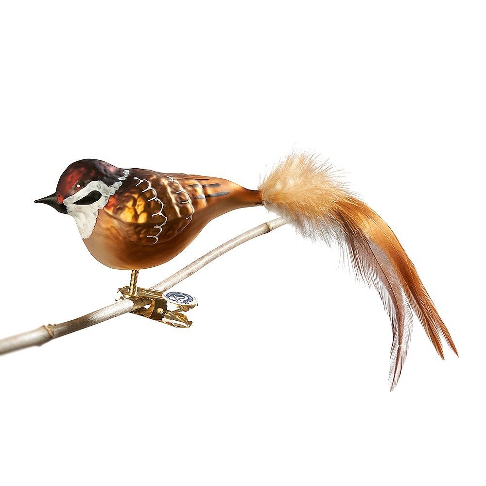 Birds of Glass Christbaumschmuck Glasvogel Feldsperling mit Naturfeder, mundgeblasen, handdekoriert, aus eigener Herstellung
