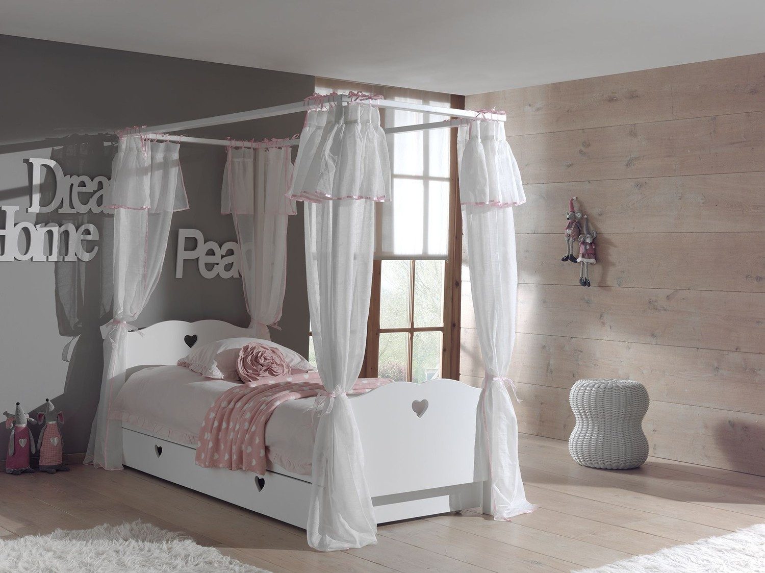 Natur24 Kinderbett Amori Set aus Himmelbett Bettschublade Textil-Vorhang MDF Kieferholz