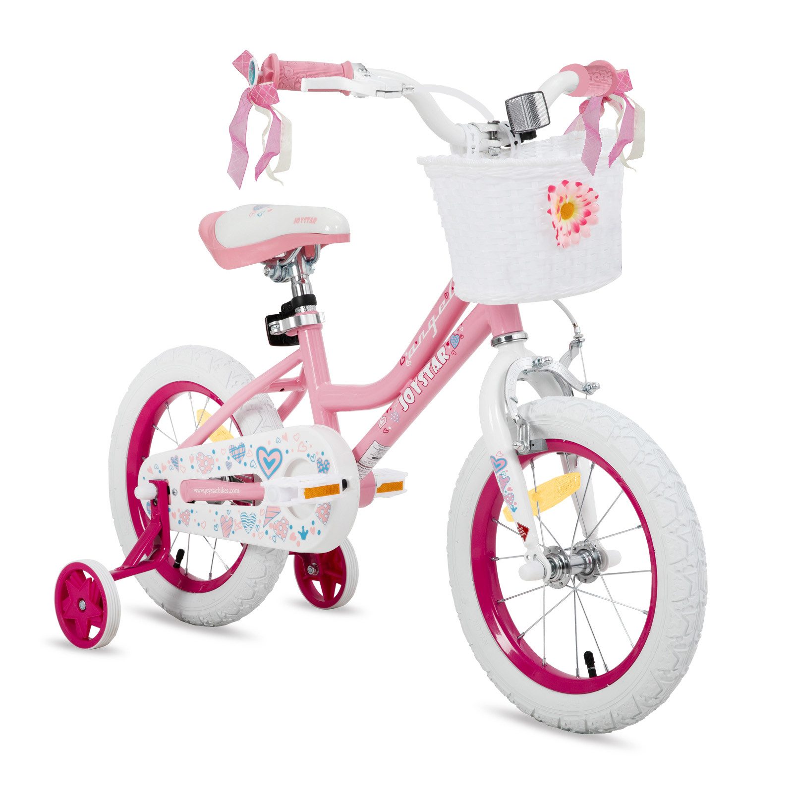 JOYSTAR Kinderfahrrad 12 14 16 18 Zoll Mädchenfahrrad, 2 - 9 Jahre,Geschenk für Prinzessin, 1 Gang, Mit Hilfsrädern, farbigen Bändern, Korb, Reflektor, Kettenabdeckung