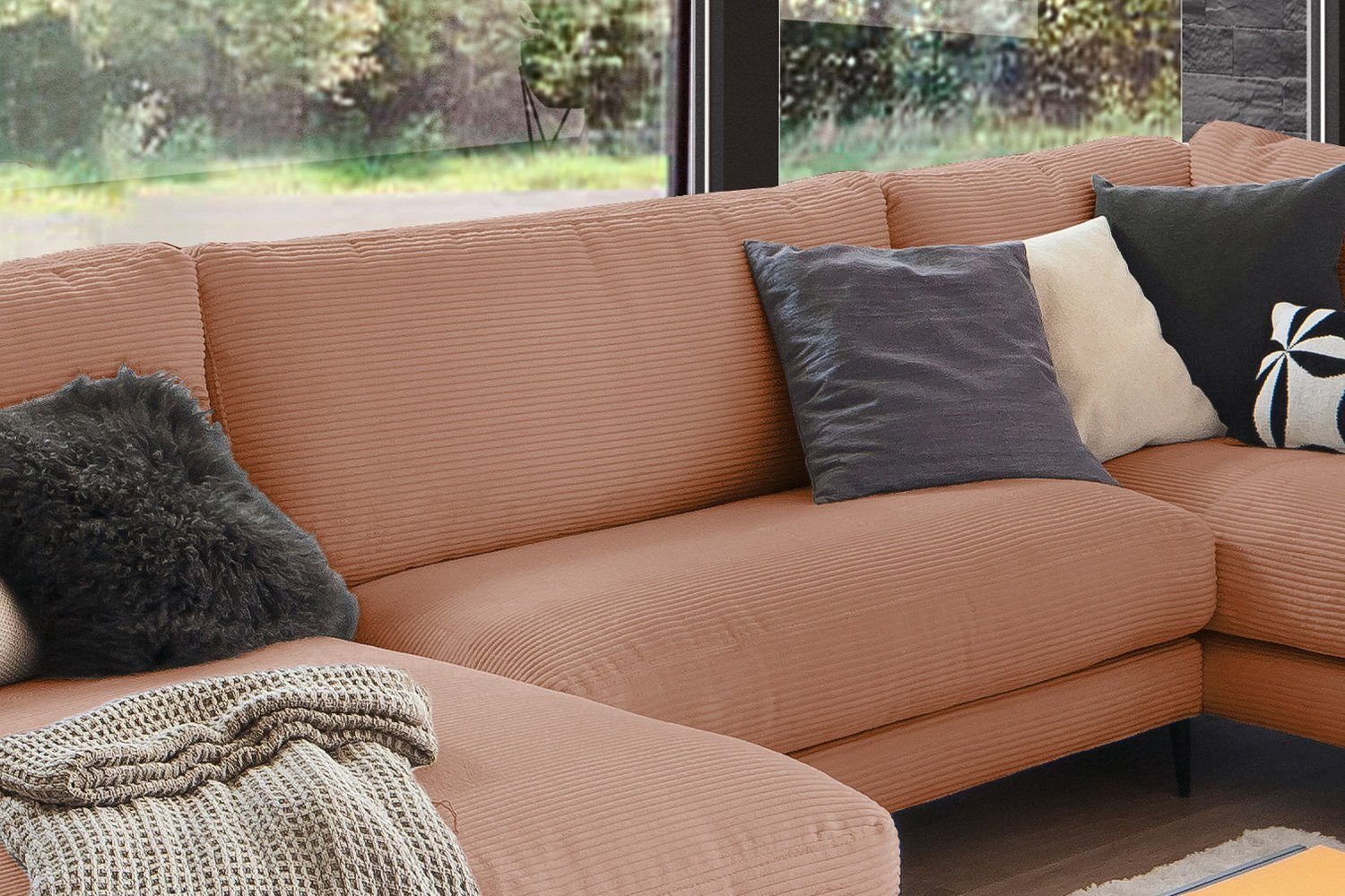 Wohnlandschaft versch. rost U-Form od. Sofa KAWOLA rechts CARA, Farben Cord, Longchair links,