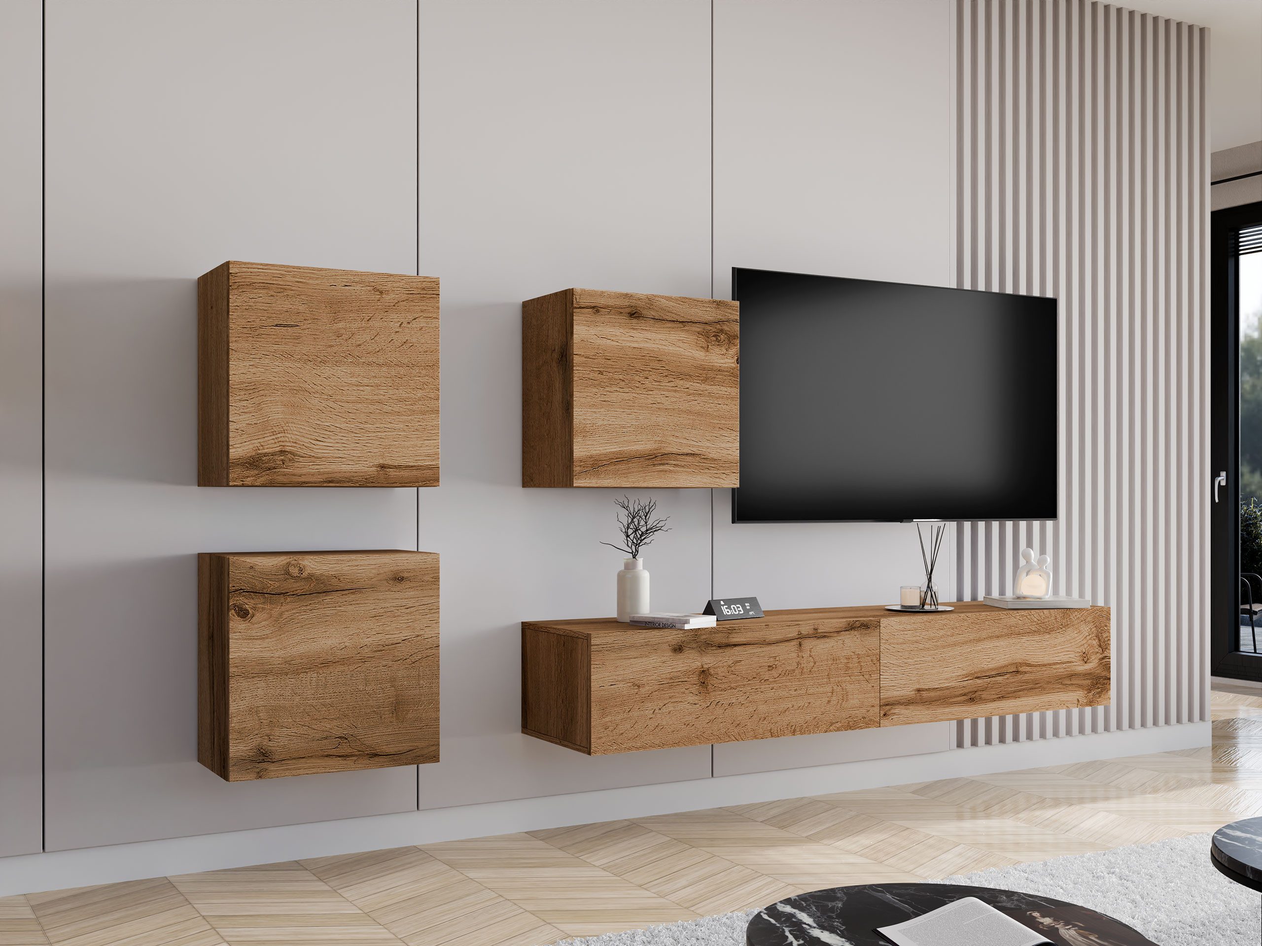 MIRJAN24 Wohnwand Vigo XXIII, (4er-Set, 3x Vitrine, TV-Lowboard 180), grifflosem Öffnen "push to open"