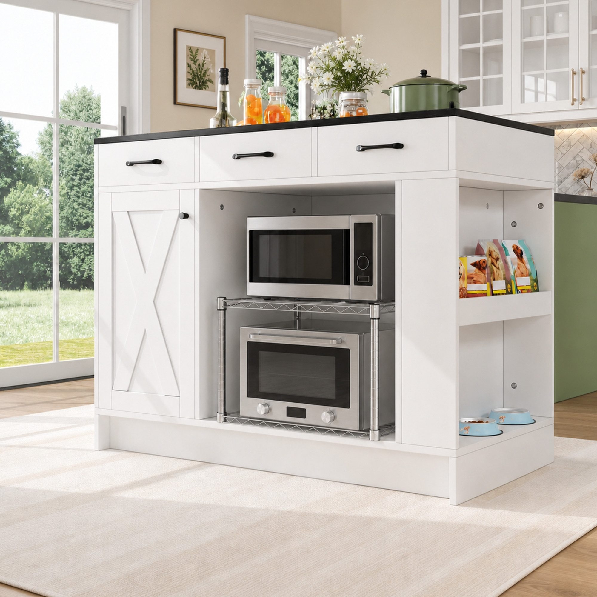Flieks Kücheninsel mit Schubladen, Türablagen und verstellbaren Ablagen, (B120/T60/H90 cm), Küchenschrank mit Haustierruhebereich und Stauraum Mehrzweckschrank