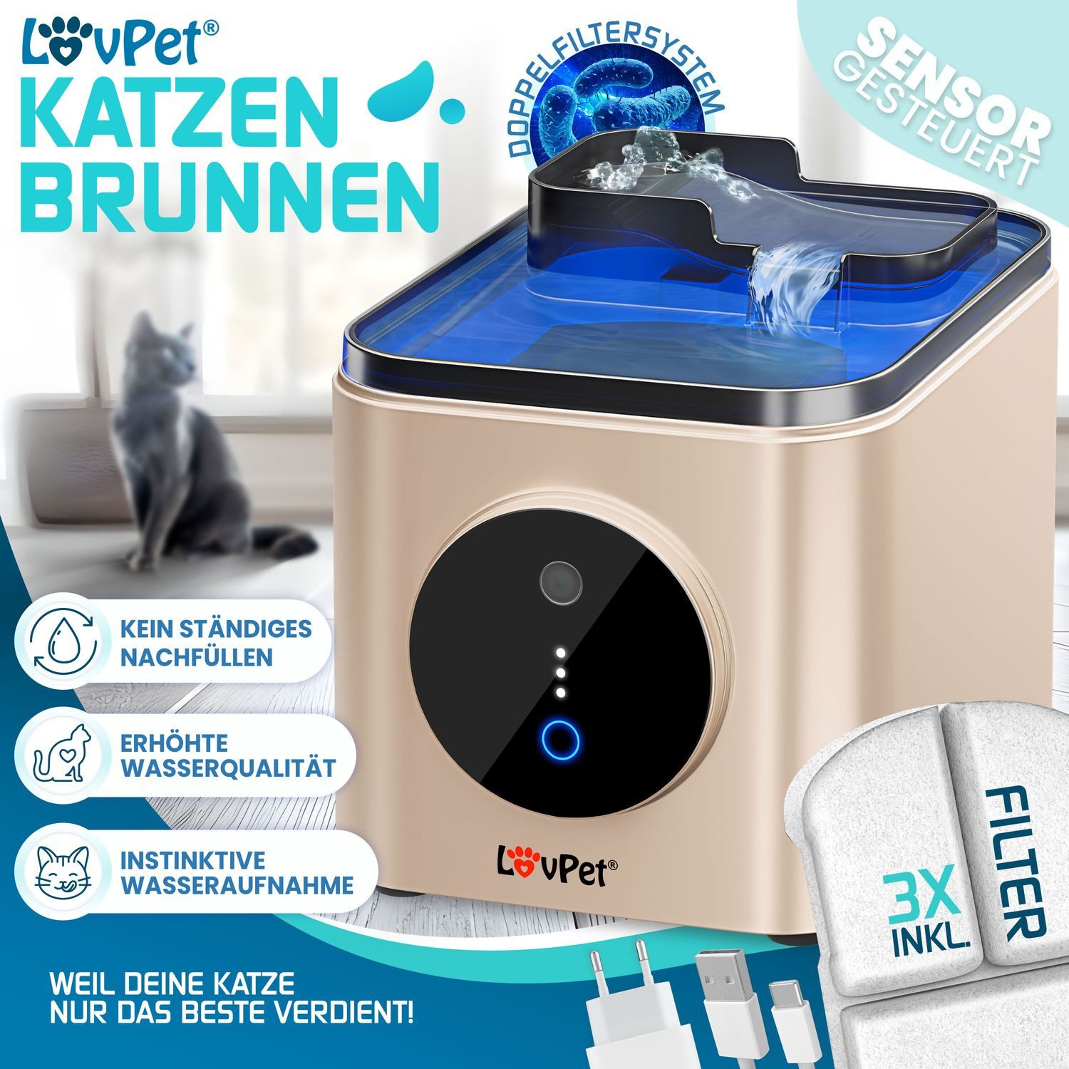 Lovpet Trinkbrunnen für Katzen & Haustiere Wasserspender mit Bewegungssenso günstig online kaufen