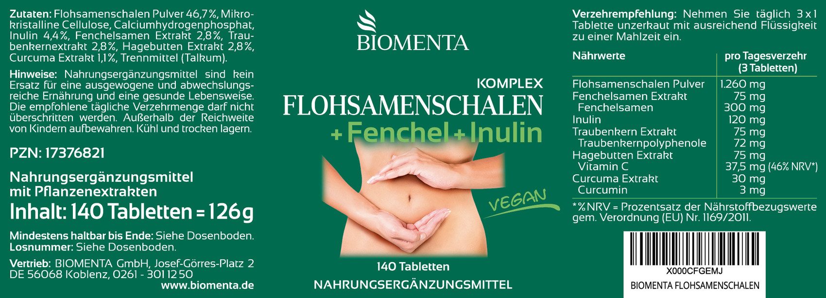 BIOMENTA Flohsamenschalen Komplex - 140 Tabletten + Fenchel und Inulin Tabletten, 140 St., 126 g