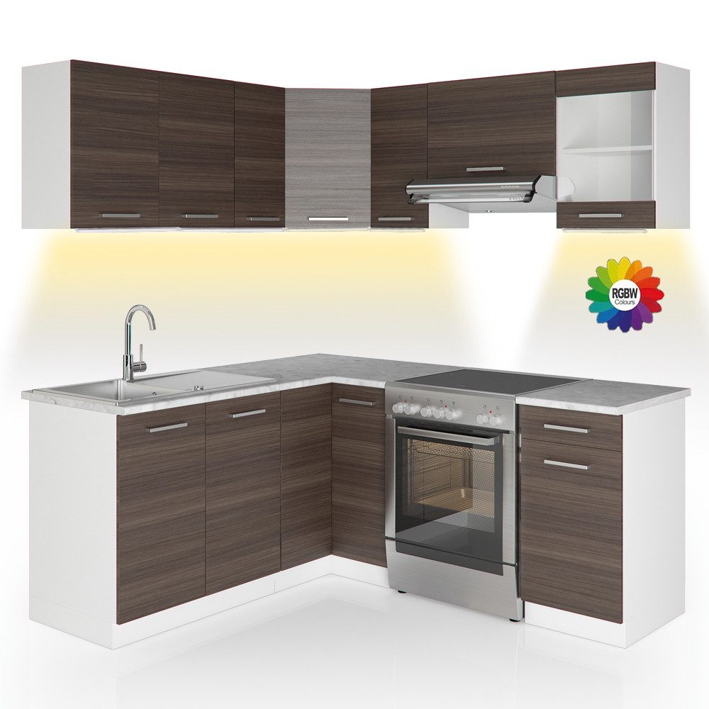 Vicco Winkelküche Rick, Weiß/Edelgrau, 187 x 167 cm, AP Marmor mit LED-Leisten