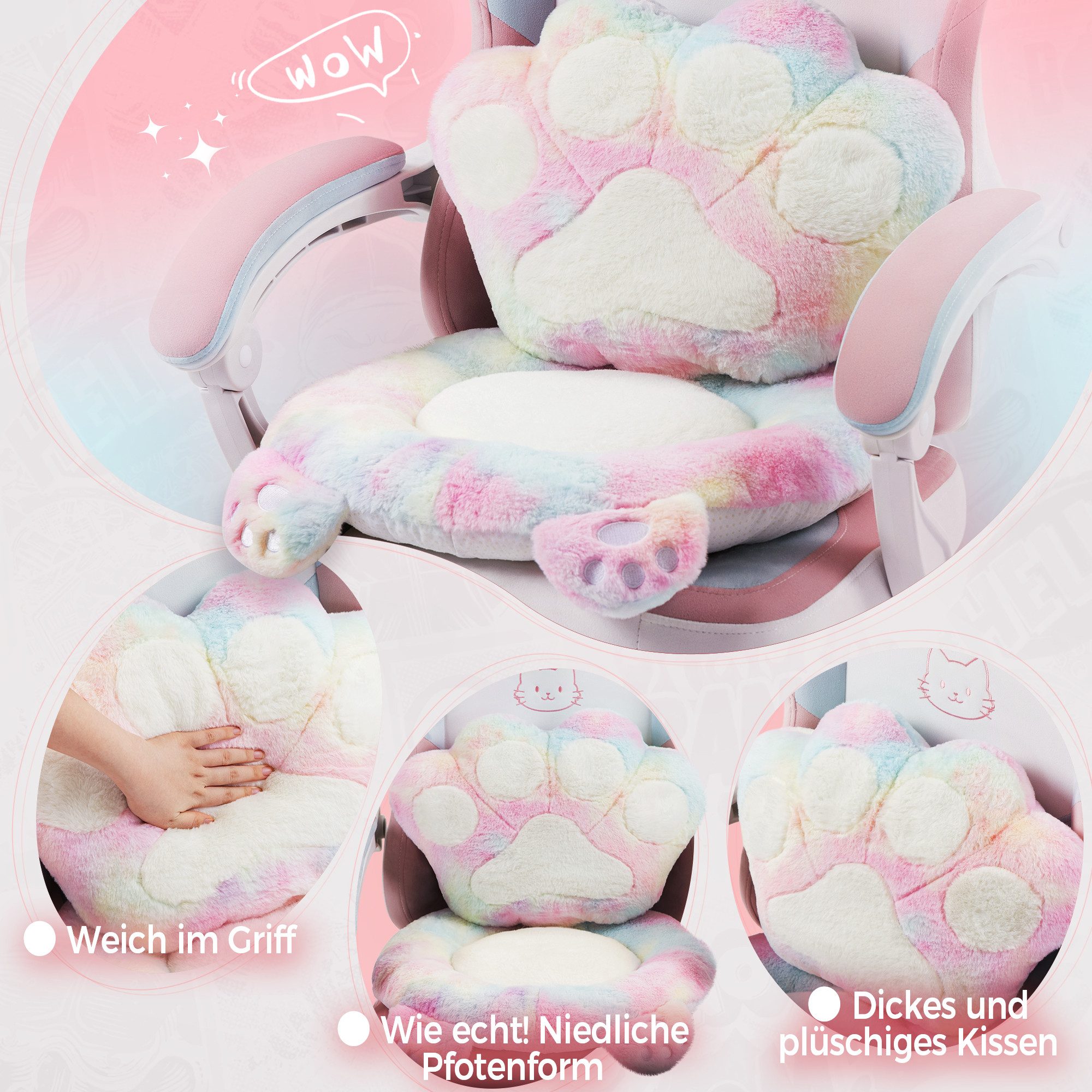 Dowinx Gaming-Stuhl Niedlich mit Katzenohren, Pfoten-Lendenkissen und Sitzkissen, (Packung), Ergonomischer Computerstuhl mit Fußstütze, PC-Spiele-Stuhl für Mädchen