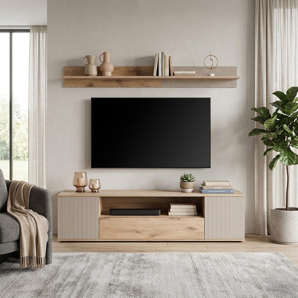 Lomadox Wohnzimmer-Set CARRICA-164, (Mega-Spar-Set, 2-St., Lowboard Wandboard), in Eiche mit Kaschmir, Rillenfront, Push-to-open, 2-teilig