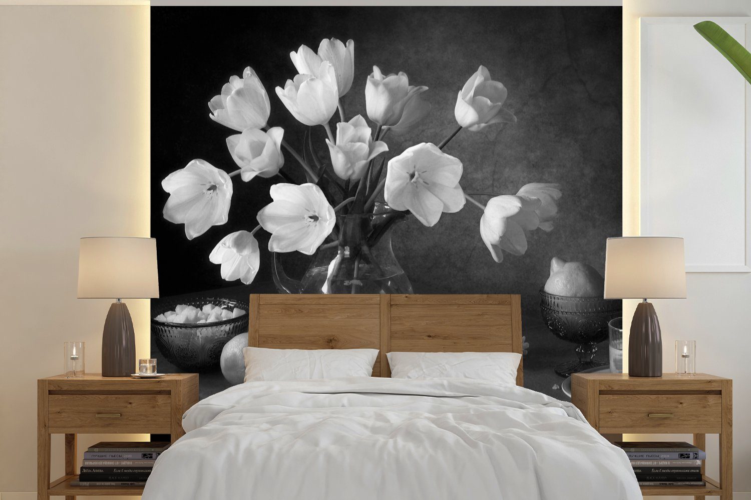 MuchoWow Fototapete Stilleben - Blumen - Schwarz und weiß, Matt, bedruckt, (4 St), Vliestapete für Wohnzimmer Schlafzimmer Küche, Fototapete