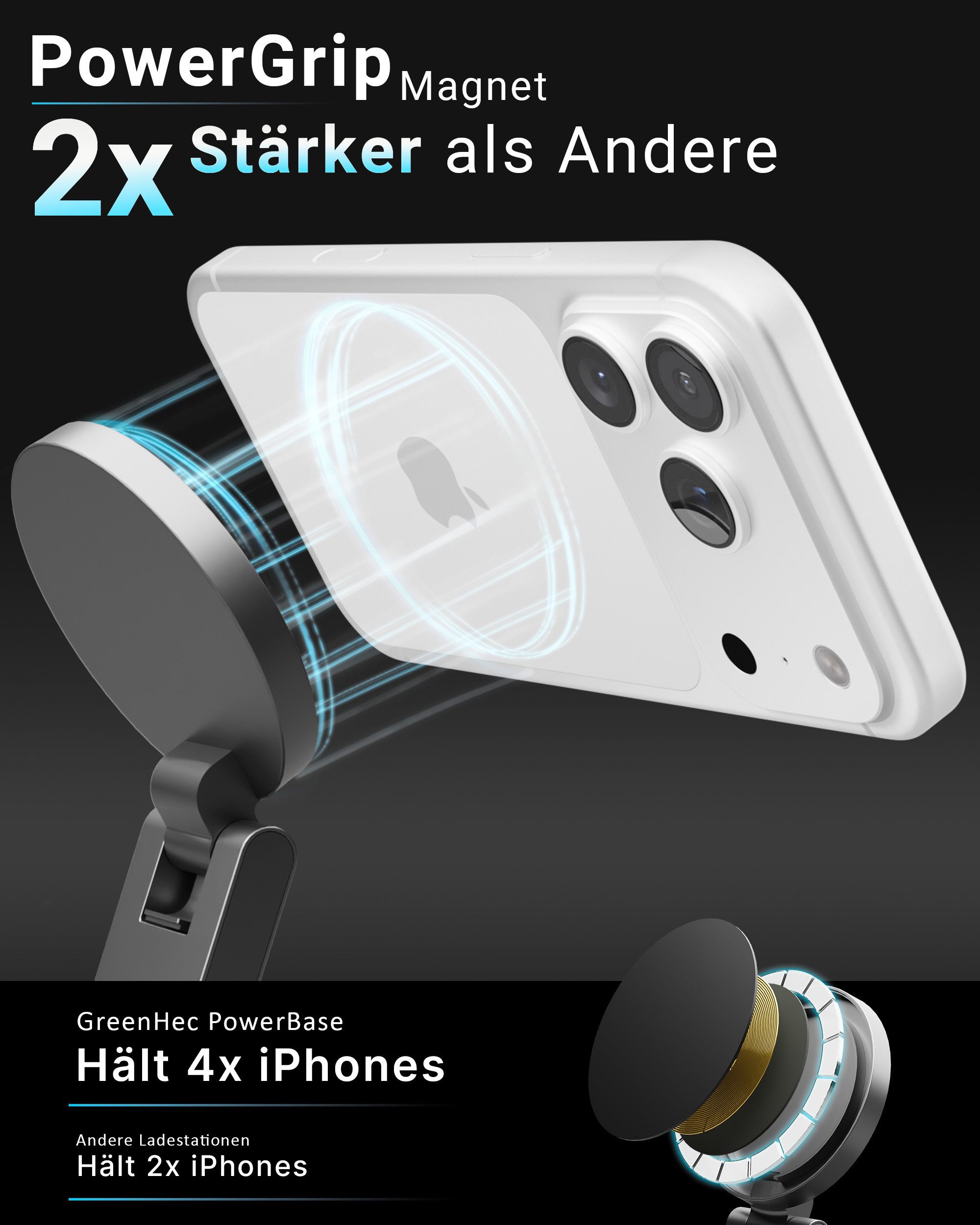 GreenHec Ladestation 25w Apple Watch iPhone 18 17 3in1 MagSafe Wireless Charger Wireless Charger (3000 mA, Spar-Set, 3in1 PowerBase + USB-C Kabel + 35w Ladegerä – Bild 3 von 5