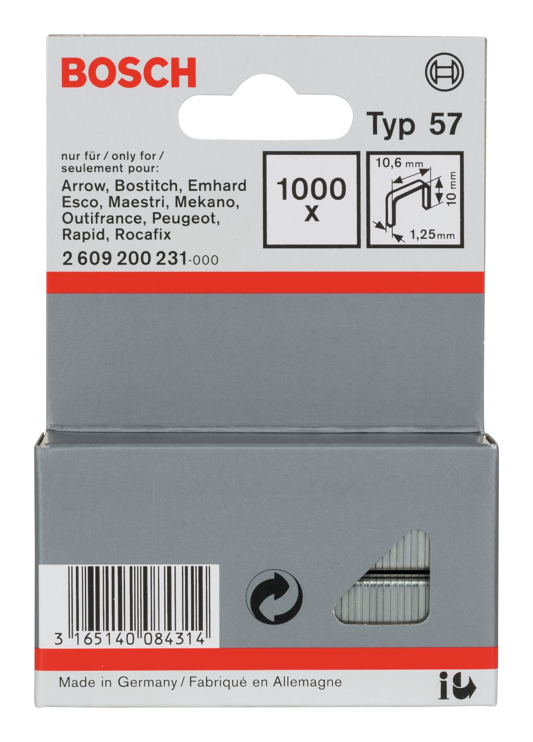 BOSCH Tackerklammer, Typ 57 Flachdrahtklammer - 1,25 x 10 x 10,6 mm - 1000er-Pack
