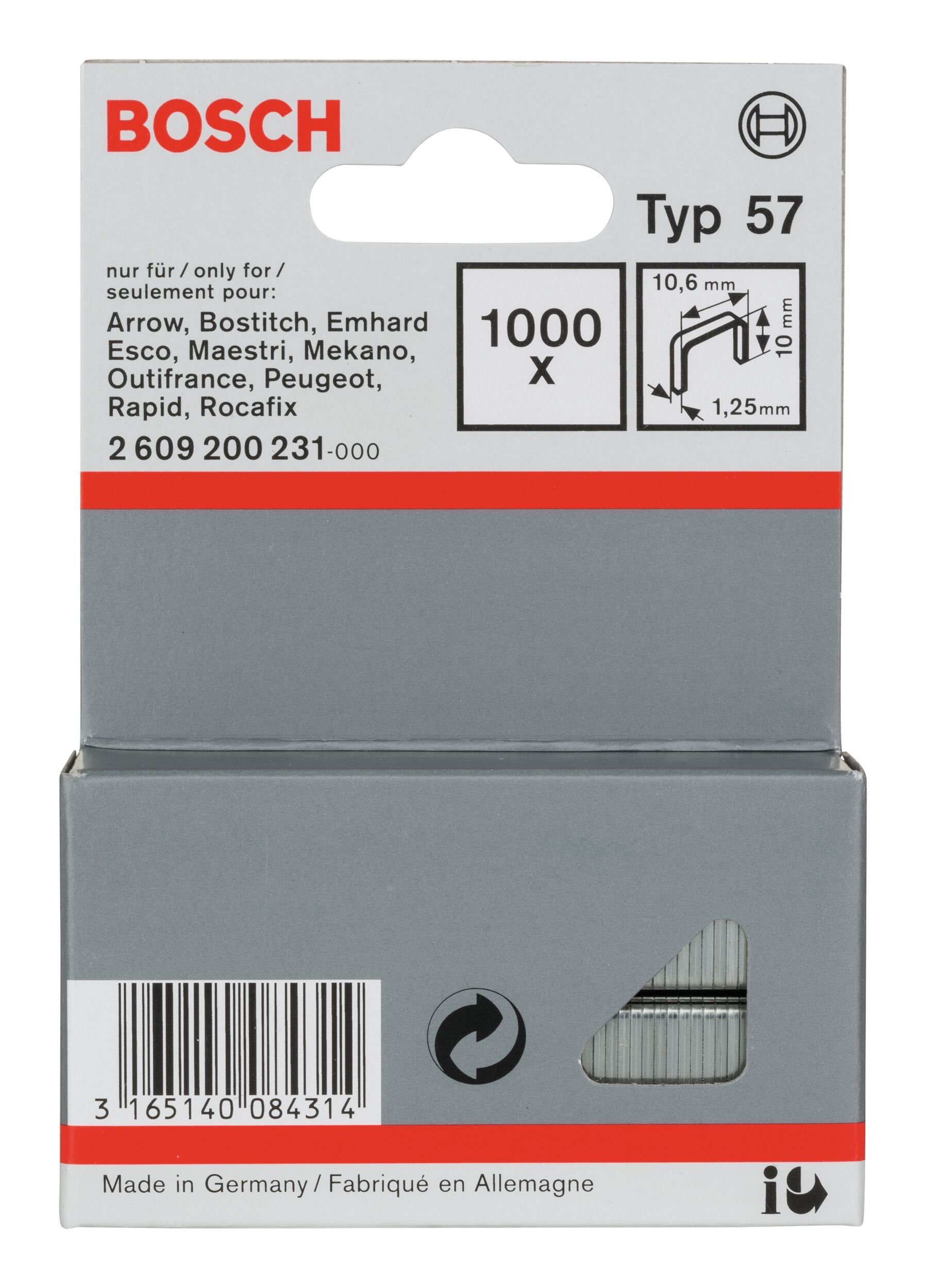 BOSCH Tackerklammer, Line Typ 57 Flachdrahtklammer - 1,25 x 10 x 10,6 mm - 1000er-Pack