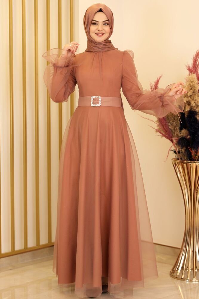 Modavitrini Abendkleid Damen Kleid langärmliges Maxikleid Abiye Abaya Hijab Mode mit Gürtel Camel