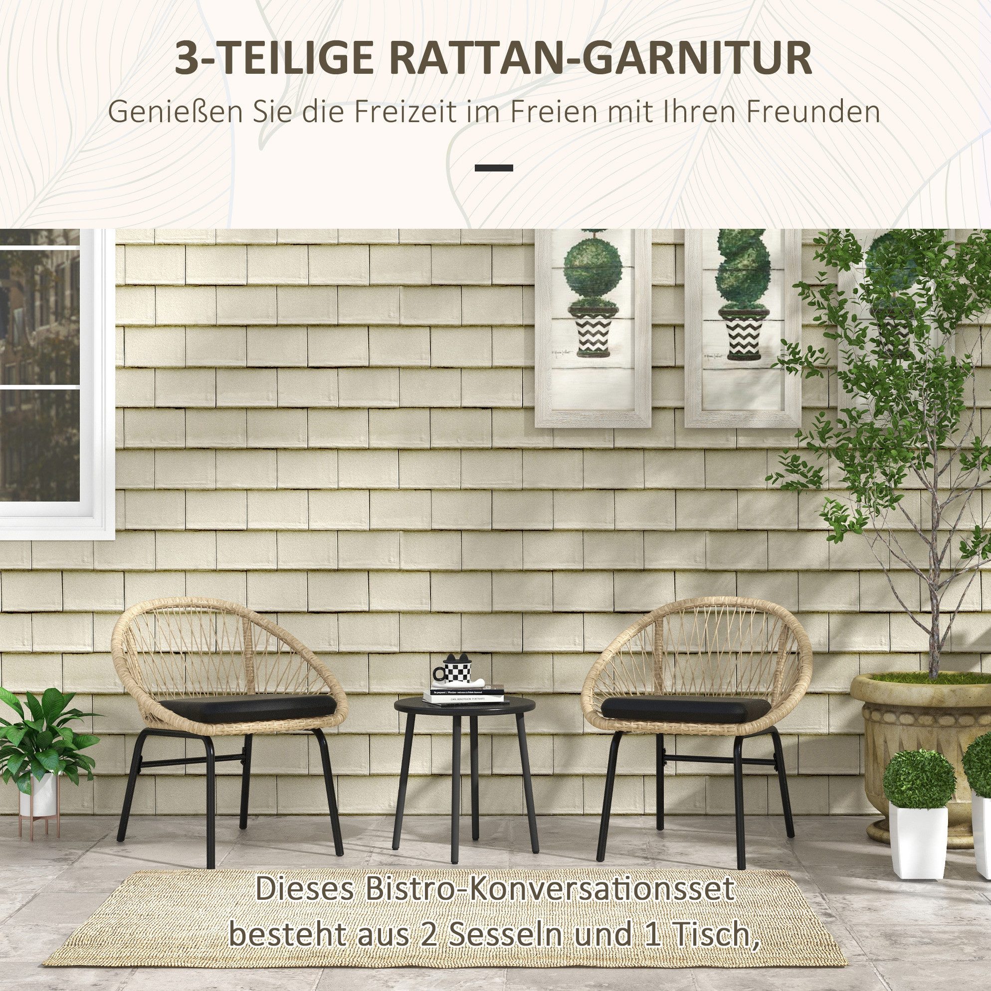 OKWISH Sitzgruppe 3‑tlg. Rattan-Gartenmöbel-Set mit Couchtisch, 2 Stühlen & Kissen, (Set, 3-tlg., in Gelb, 40x40x45 cm, 2‑Personen-Garnitur in kräftiger Farbe), Balkonmöbel-Set für Terrasse, Garten & kleine Bereiche, Polyester
